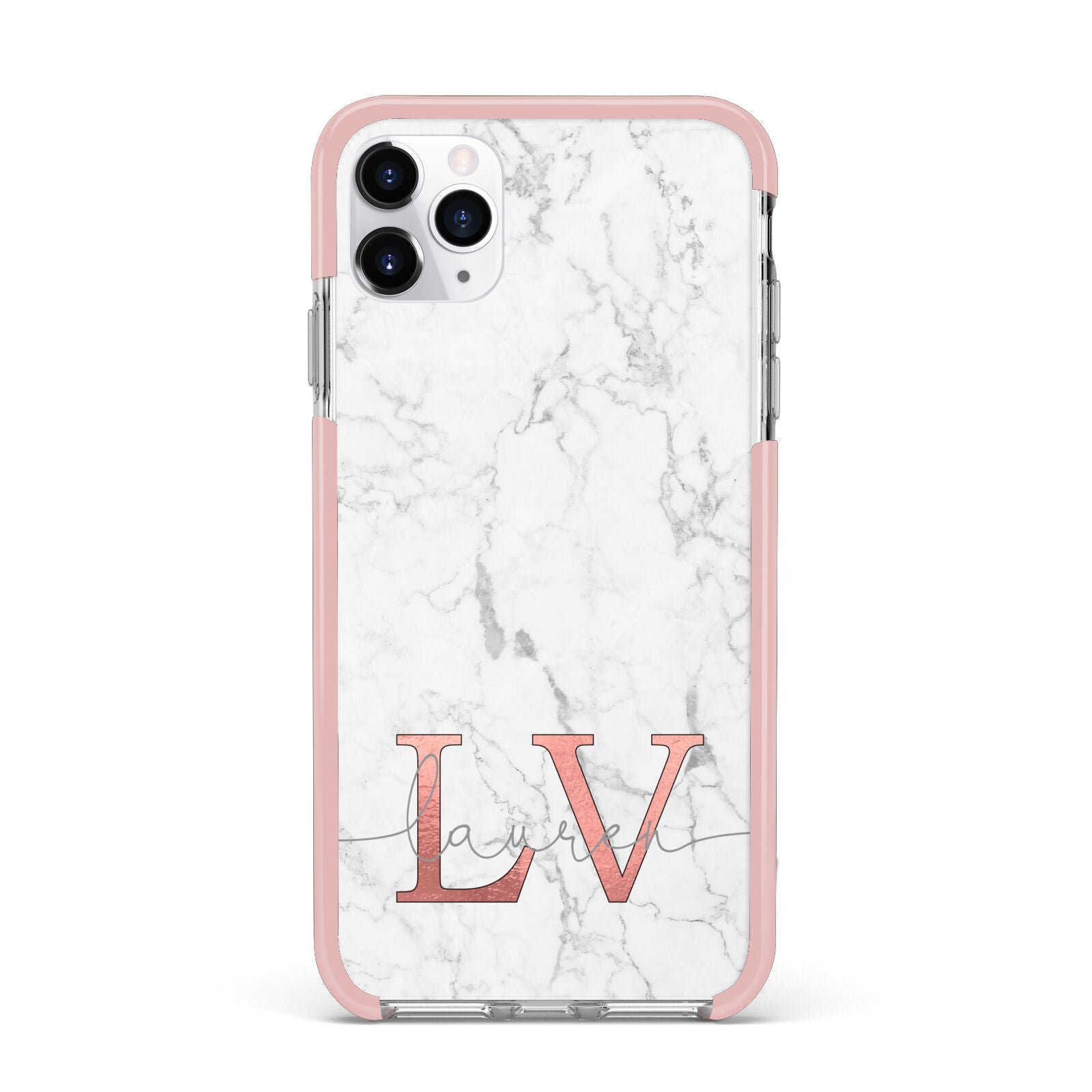Personalised Marble with Rose Gold Initials iPhone 11 Pro Max Impact Pink Edge Case