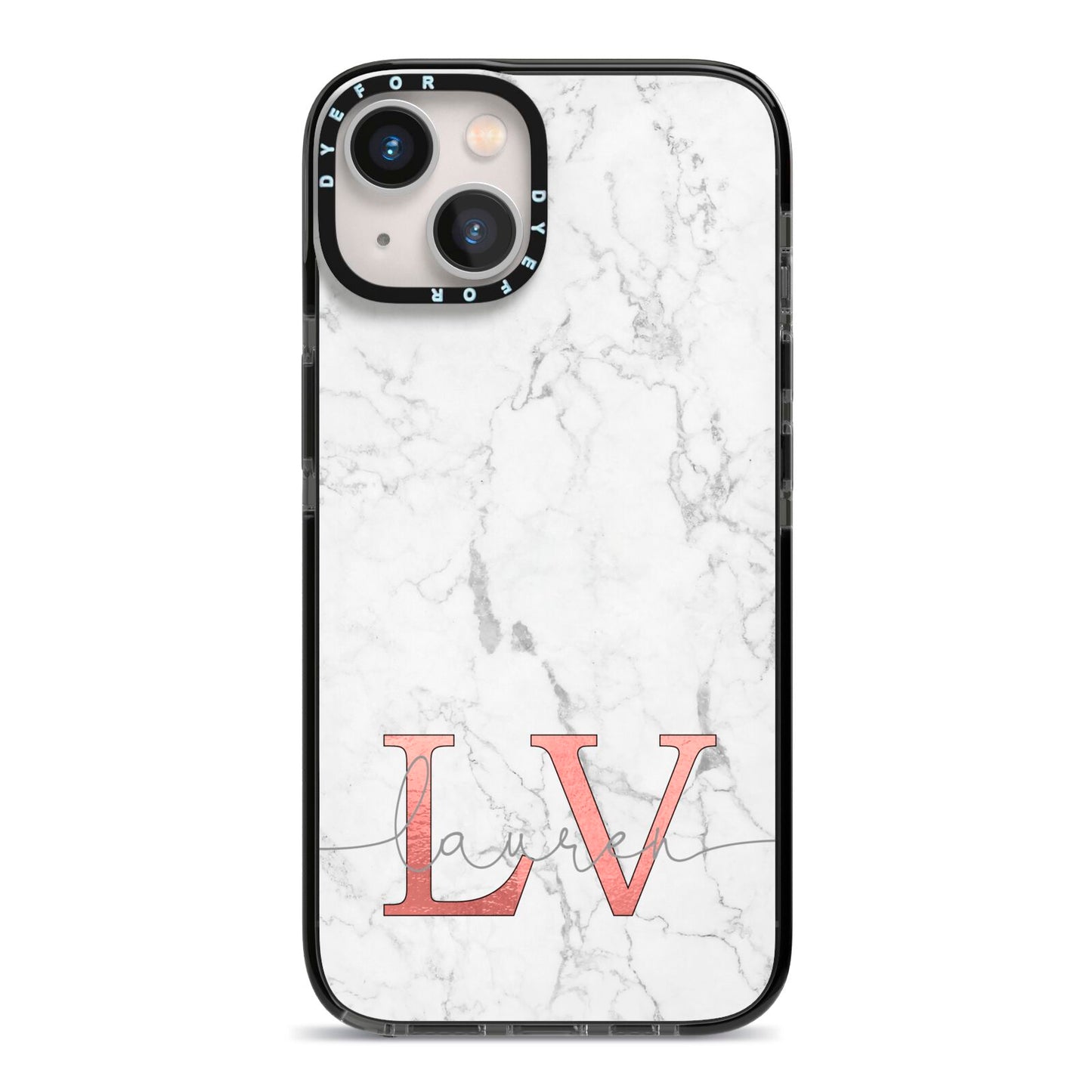 Personalised Marble with Rose Gold Initials iPhone 13 Black Impact Case on Silver phone