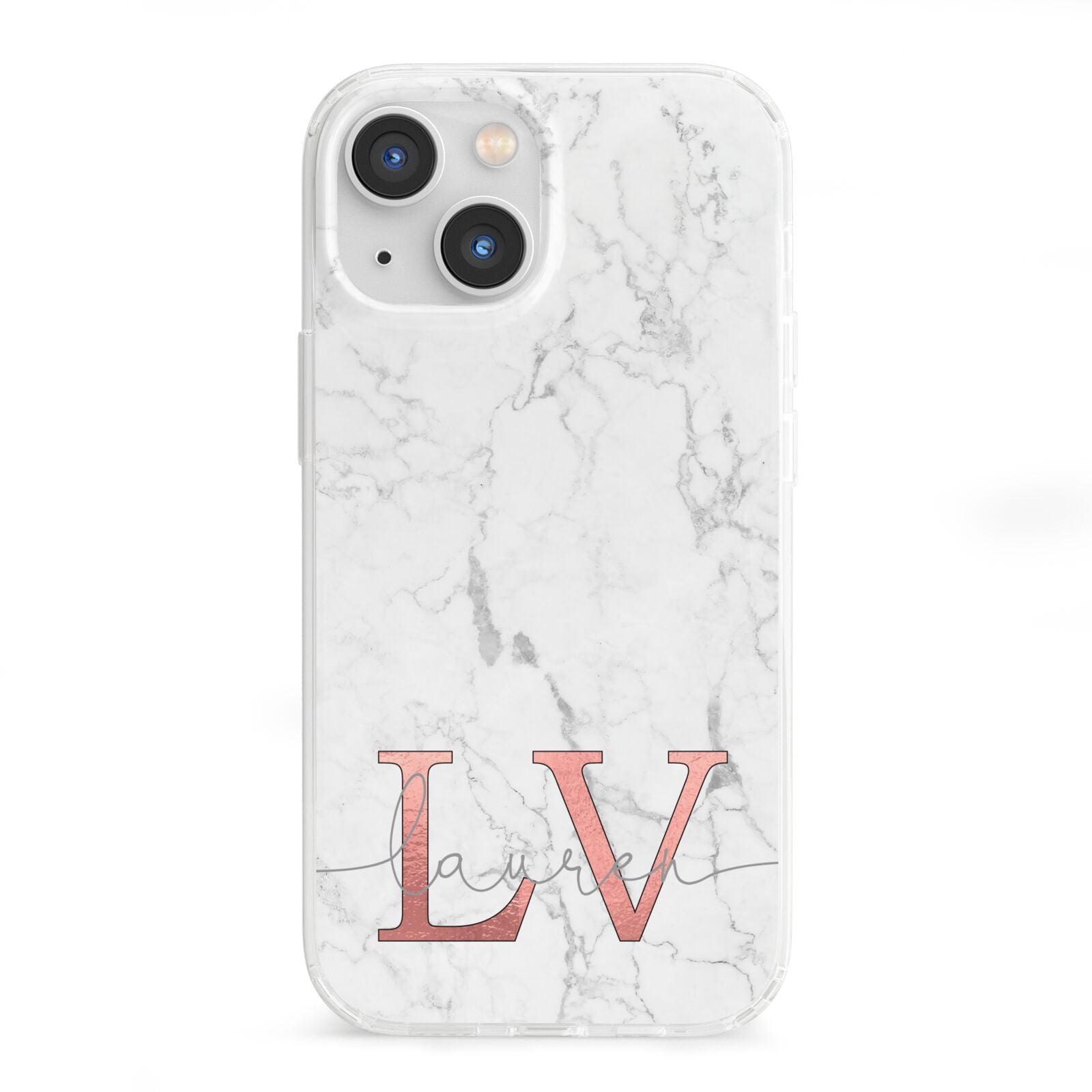 Personalised Marble with Rose Gold Initials iPhone 13 Mini Clear Bumper Case
