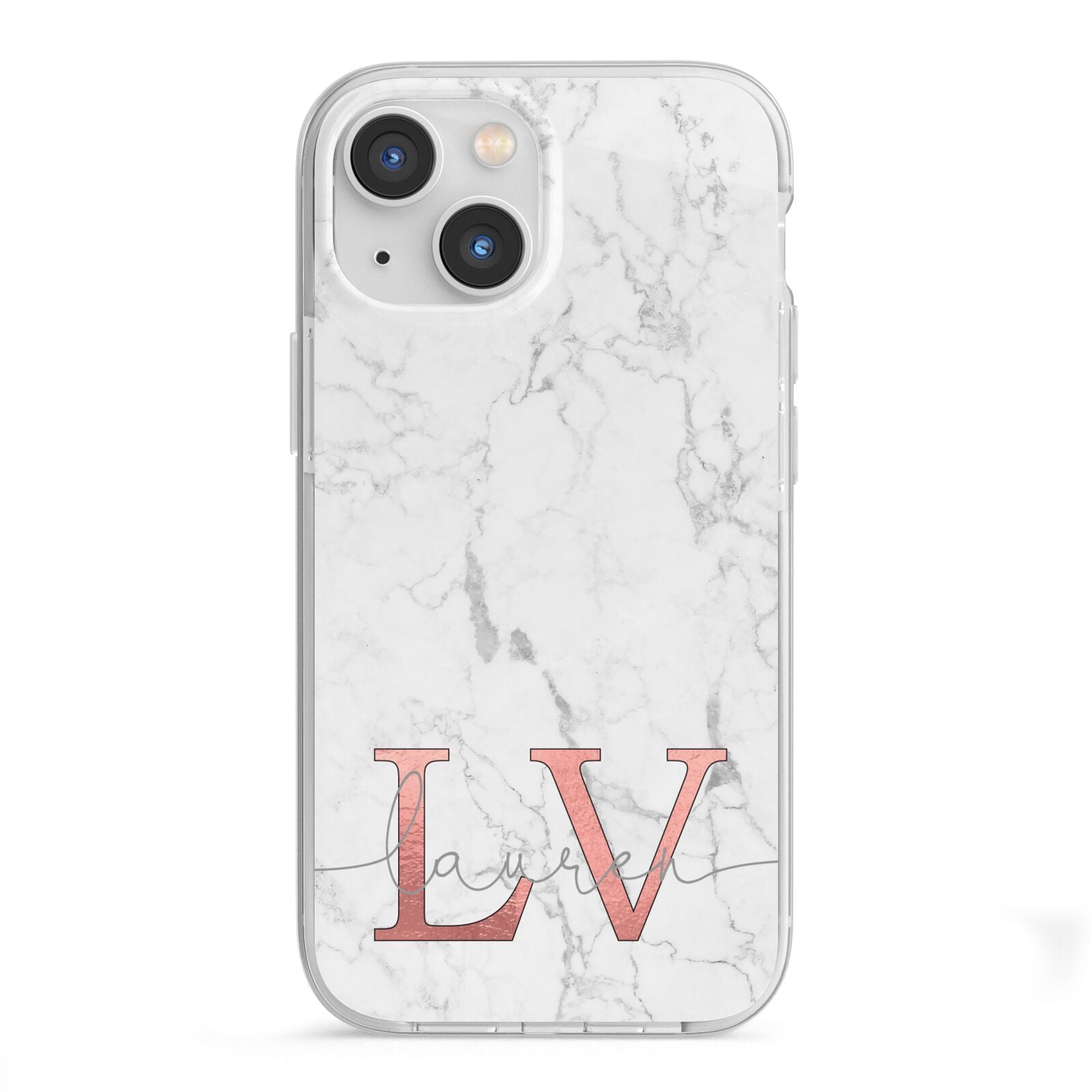 Personalised Marble with Rose Gold Initials iPhone 13 Mini TPU Impact Case with White Edges