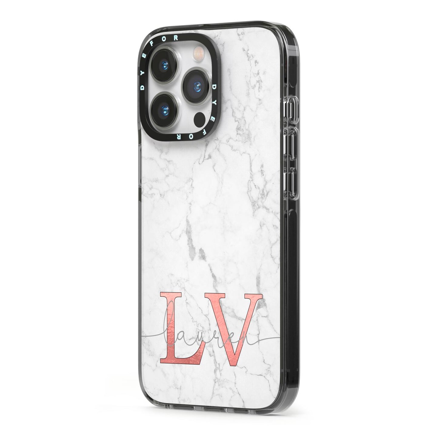 Personalised Marble with Rose Gold Initials iPhone 13 Pro Black Impact Case Side Angle on Silver phone