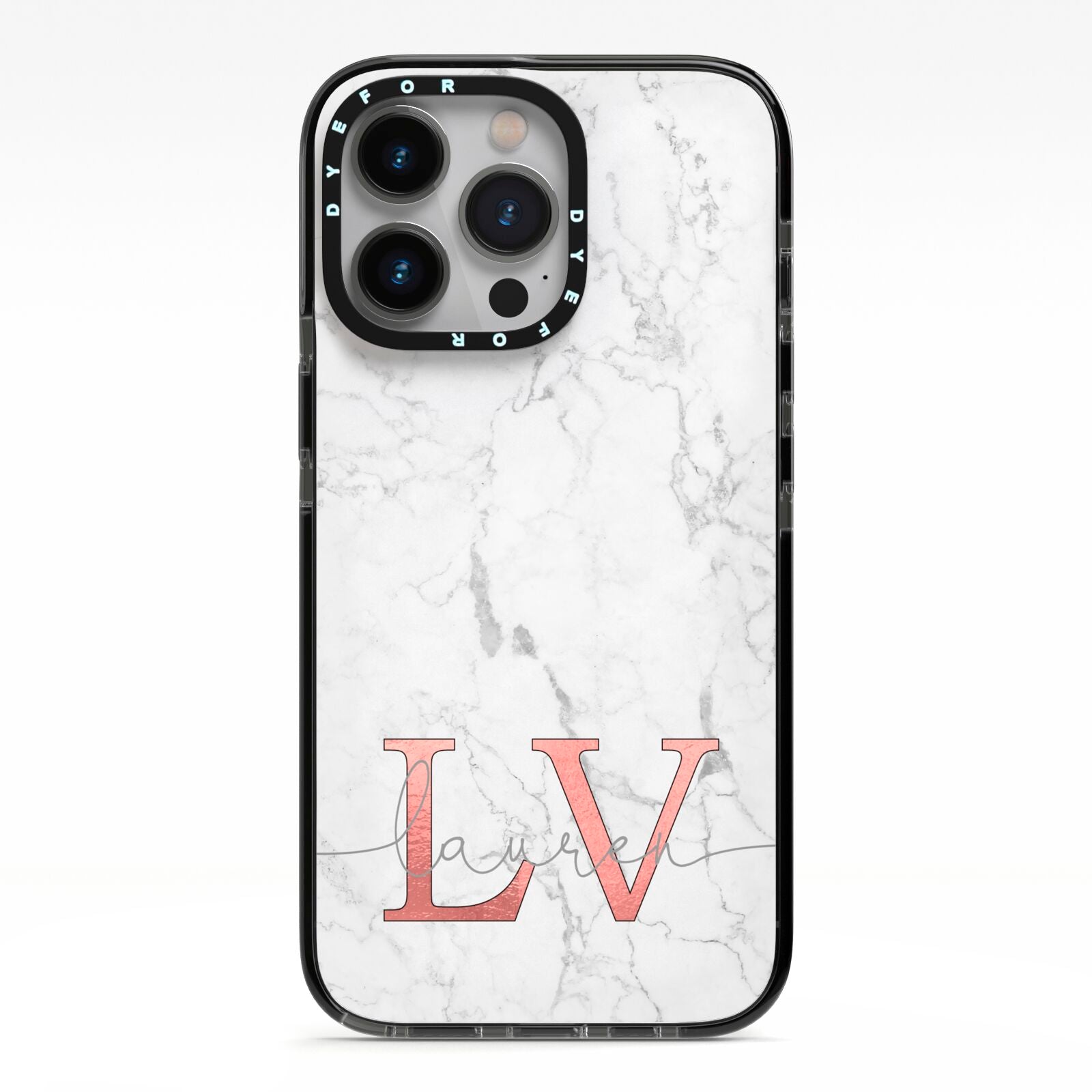Personalised Marble with Rose Gold Initials iPhone 13 Pro Black Impact Case on Silver phone