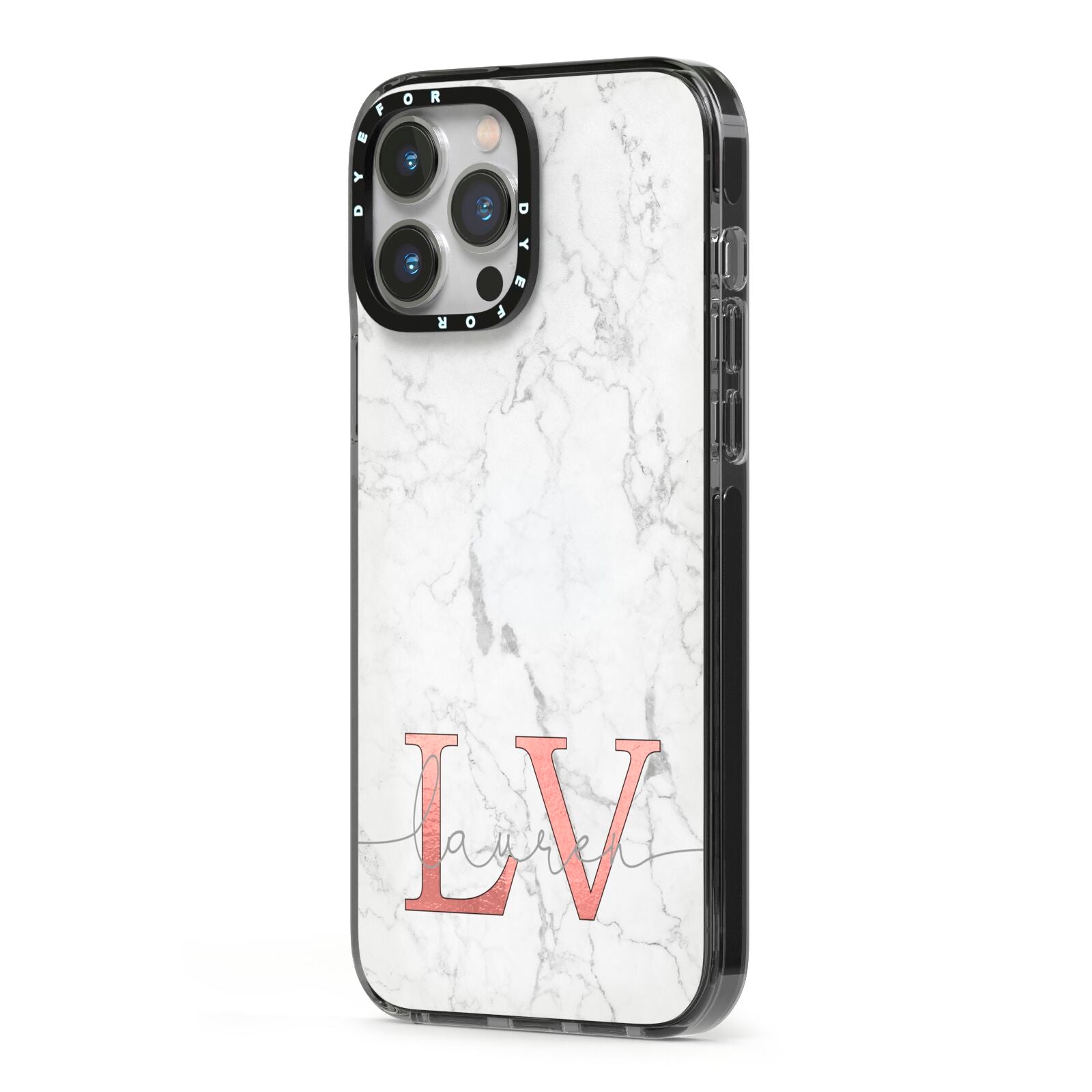 Personalised Marble with Rose Gold Initials iPhone 13 Pro Max Black Impact Case Side Angle on Silver phone