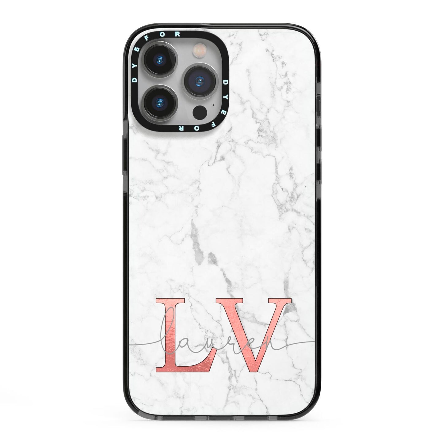 Personalised Marble with Rose Gold Initials iPhone 13 Pro Max Black Impact Case on Silver phone