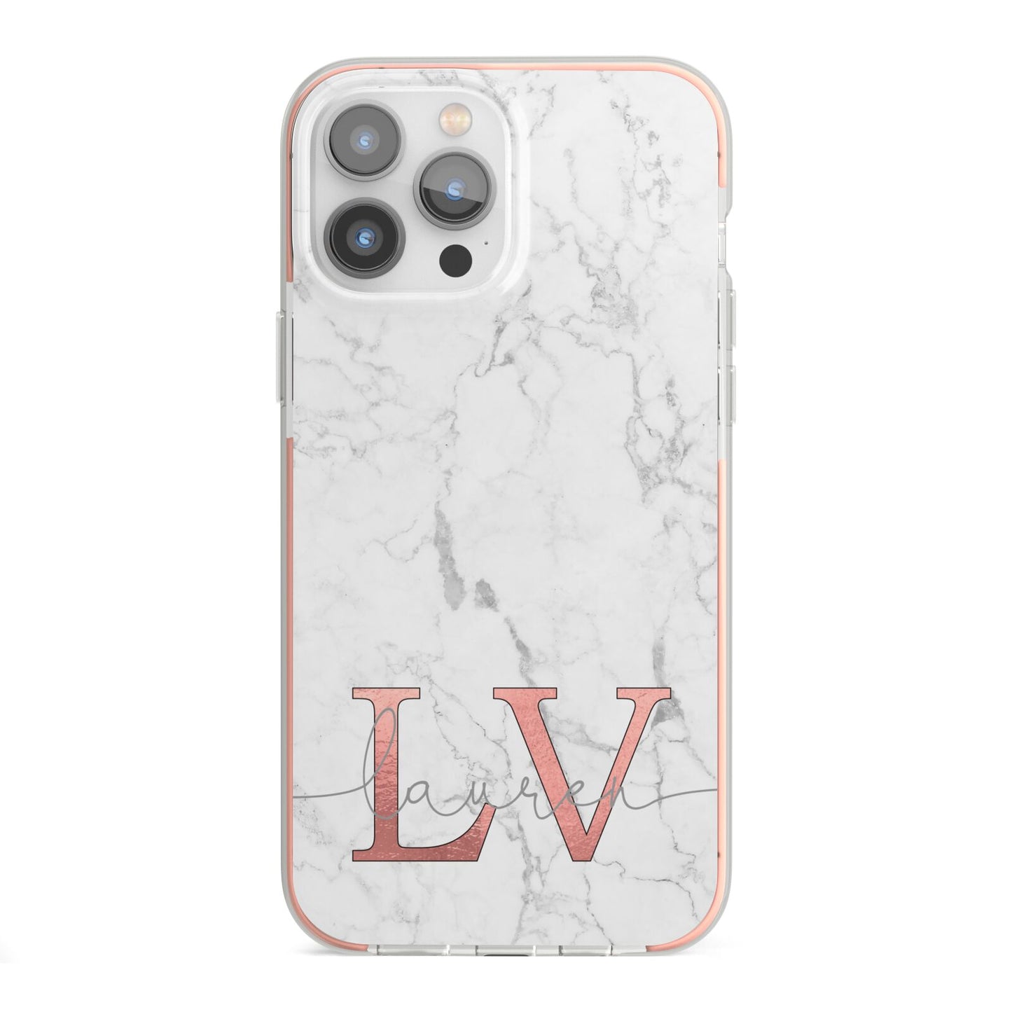 Personalised Marble with Rose Gold Initials iPhone 13 Pro Max TPU Impact Case with Pink Edges