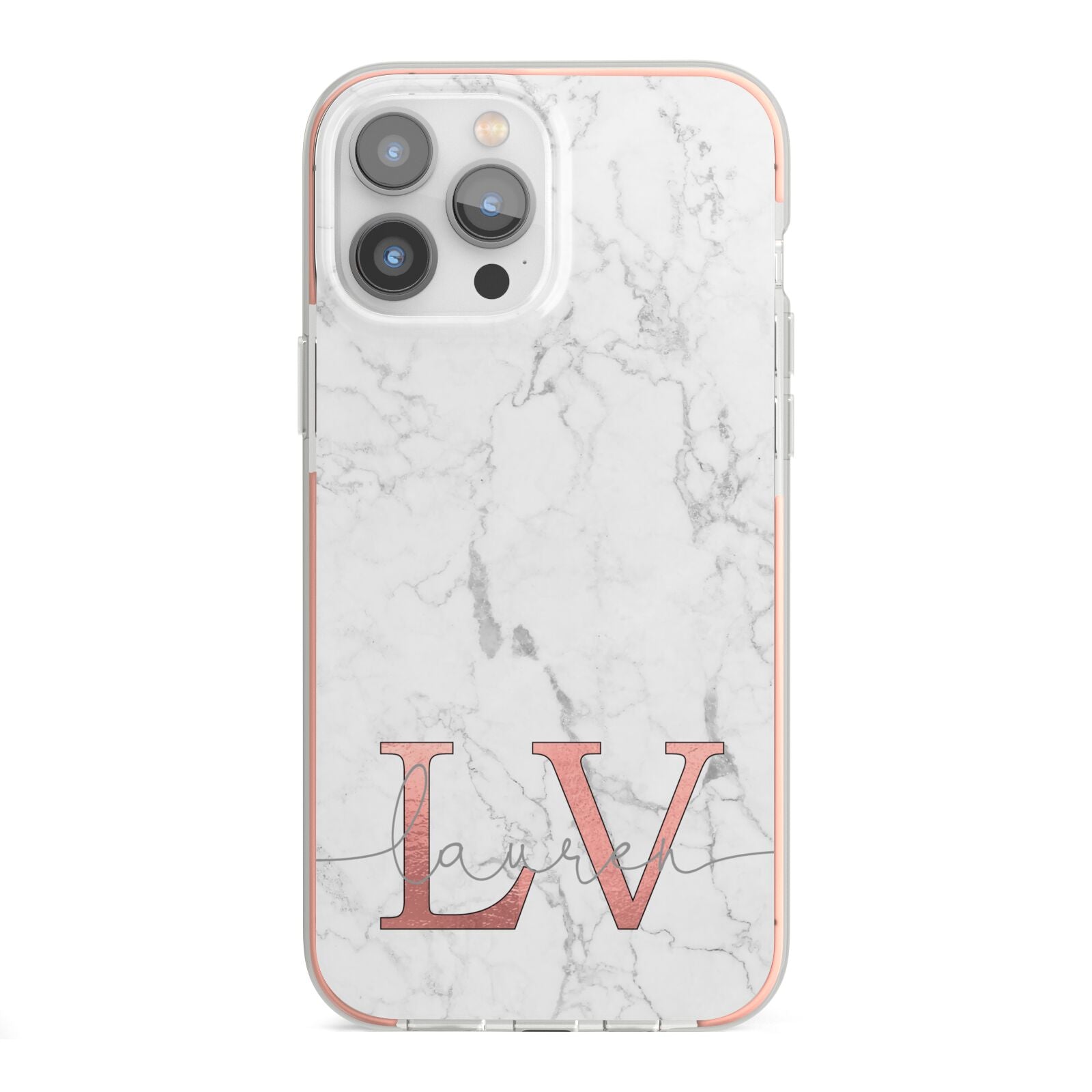 Personalised Marble with Rose Gold Initials iPhone 13 Pro Max TPU Impact Case with Pink Edges