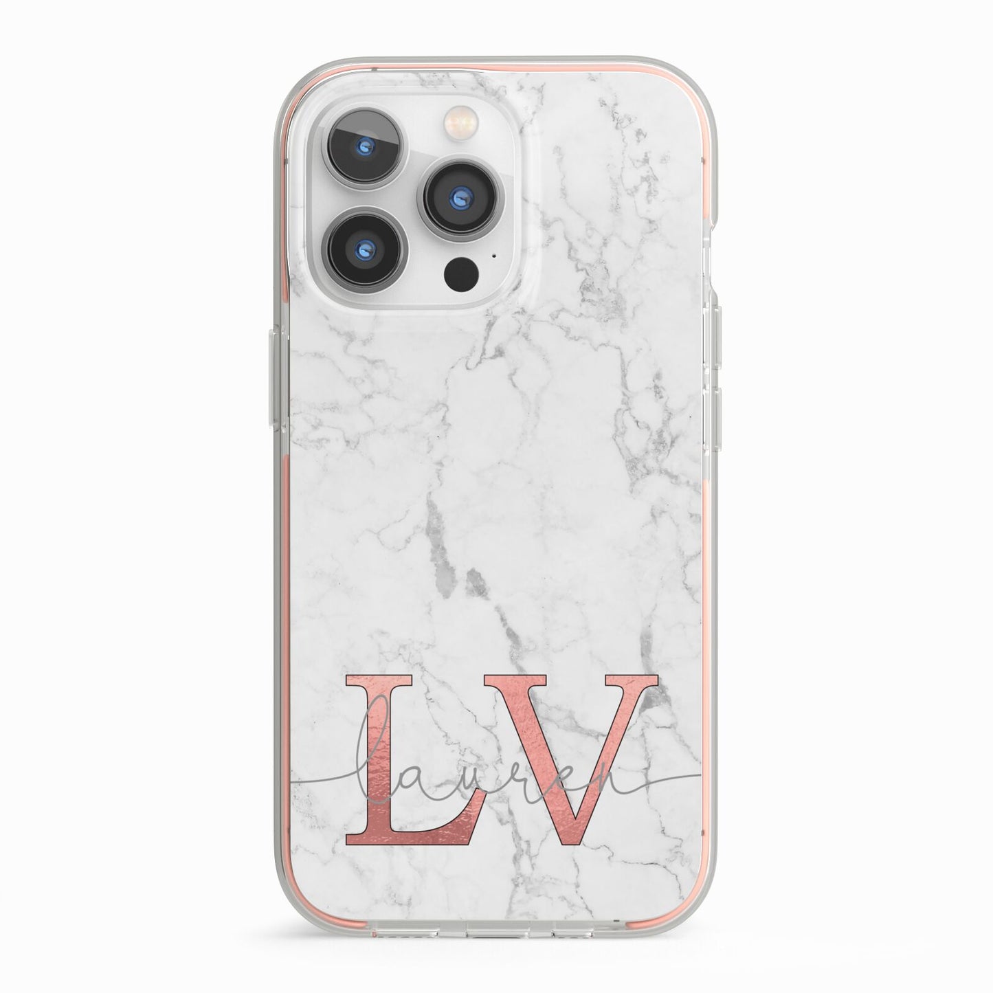 Personalised Marble with Rose Gold Initials iPhone 13 Pro TPU Impact Case with Pink Edges