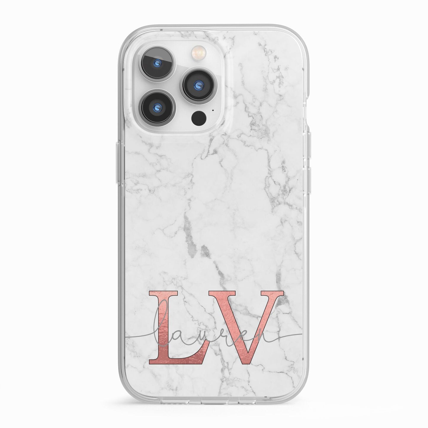 Personalised Marble with Rose Gold Initials iPhone 13 Pro TPU Impact Case with White Edges