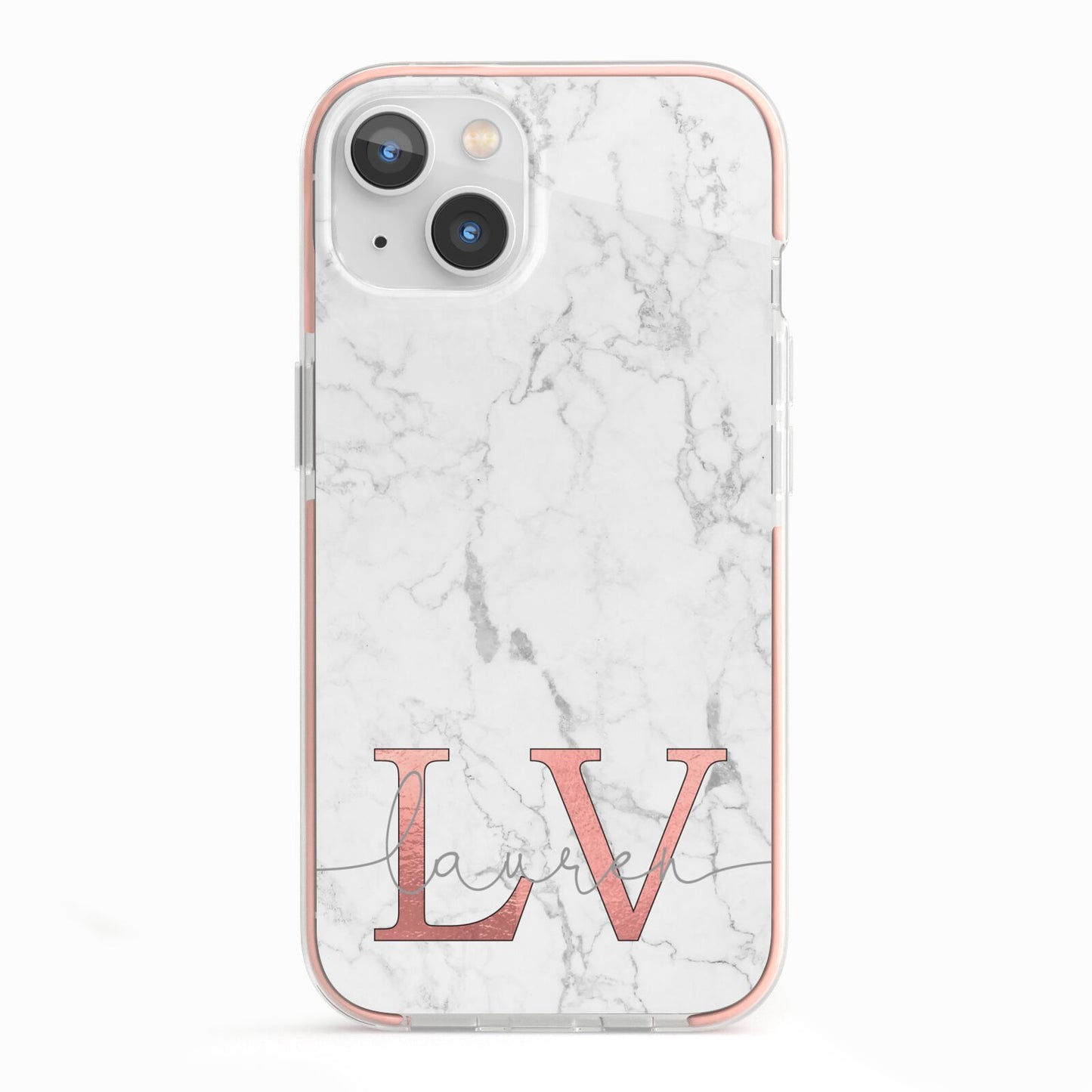 Personalised Marble with Rose Gold Initials iPhone 13 TPU Impact Case with Pink Edges