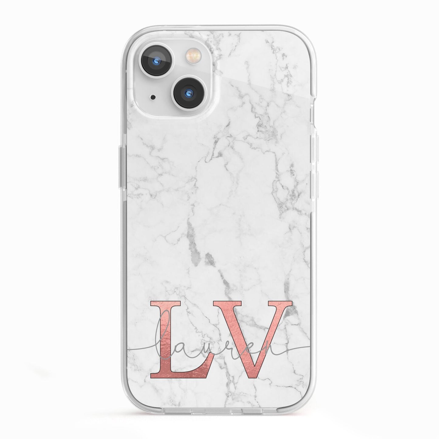 Personalised Marble with Rose Gold Initials iPhone 13 TPU Impact Case with White Edges