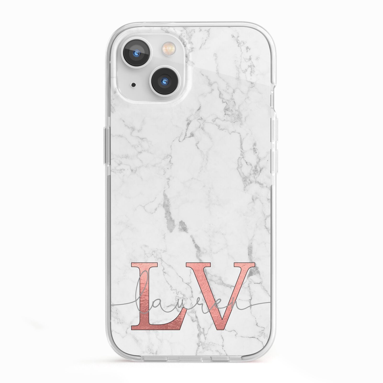Personalised Marble with Rose Gold Initials iPhone 13 TPU Impact Case with White Edges