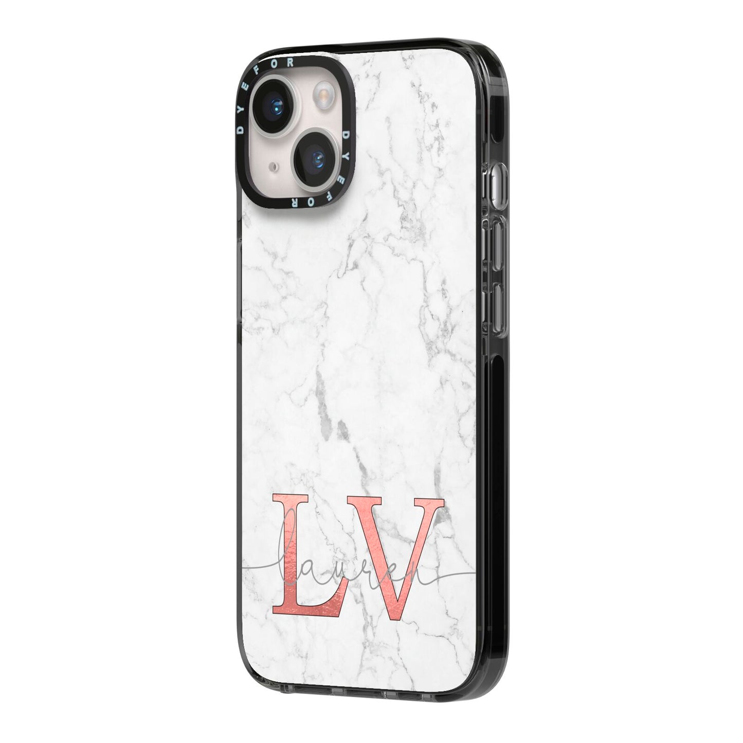 Personalised Marble with Rose Gold Initials iPhone 14 Black Impact Case Side Angle on Silver phone