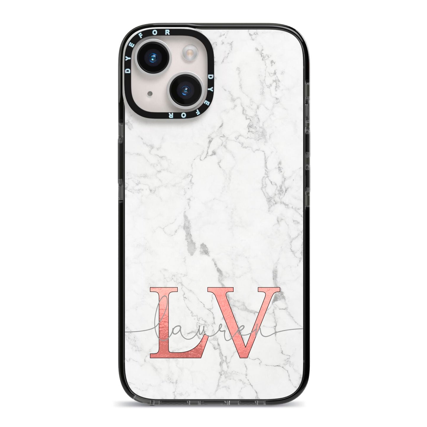 Personalised Marble with Rose Gold Initials iPhone 14 Black Impact Case on Silver phone