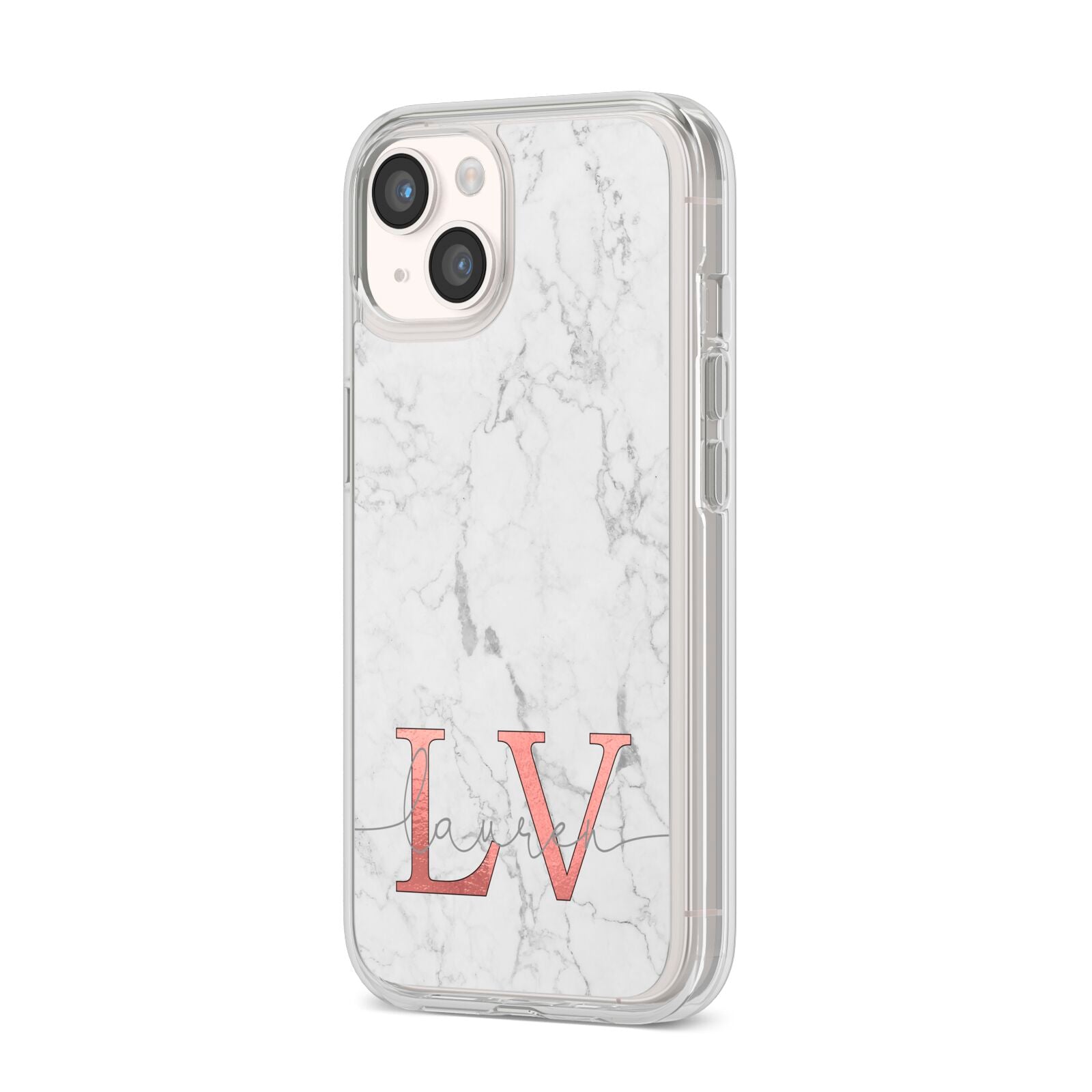 Personalised Marble with Rose Gold Initials iPhone 14 Clear Tough Case Starlight Angled Image