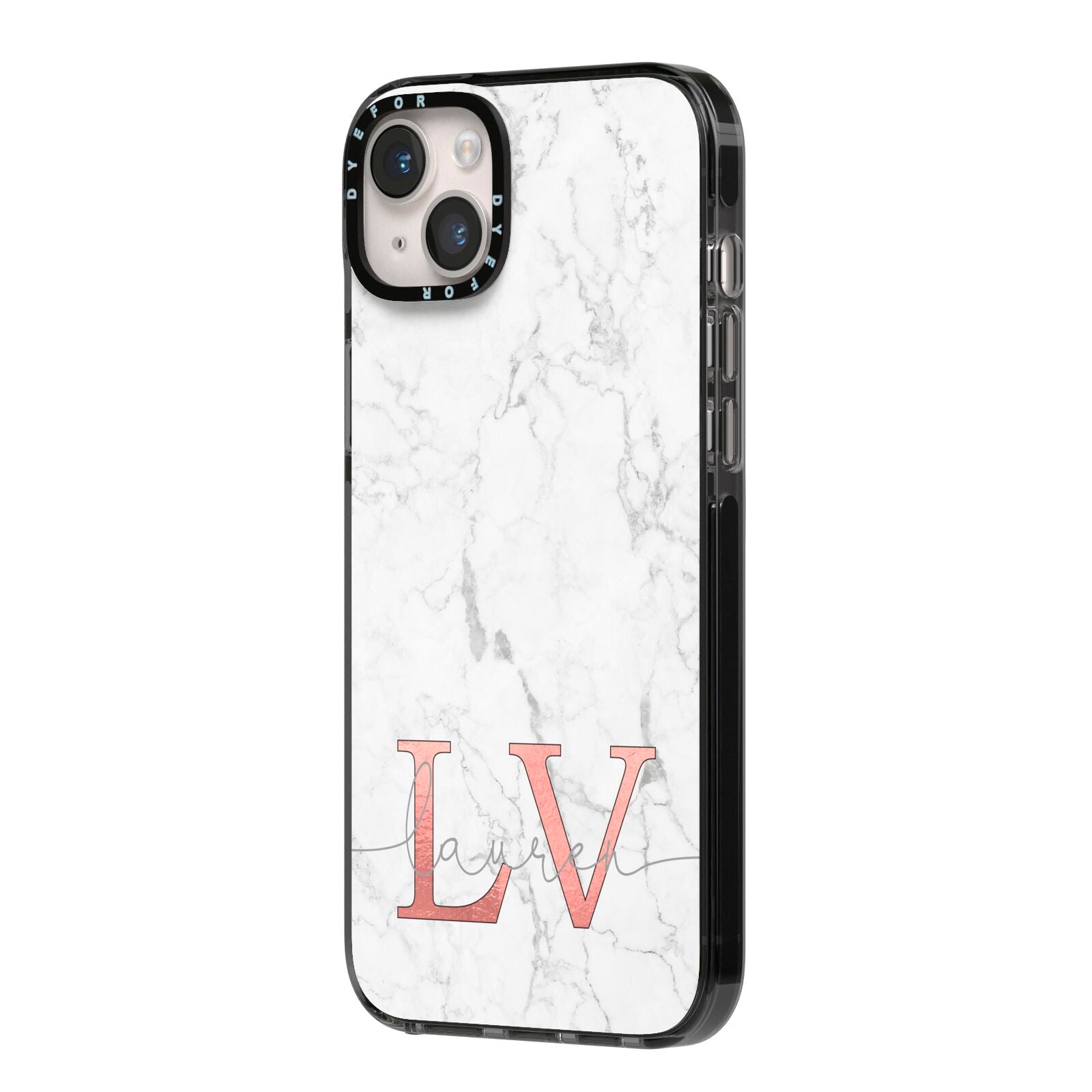 Personalised Marble with Rose Gold Initials iPhone 14 Plus Black Impact Case Side Angle on Silver phone