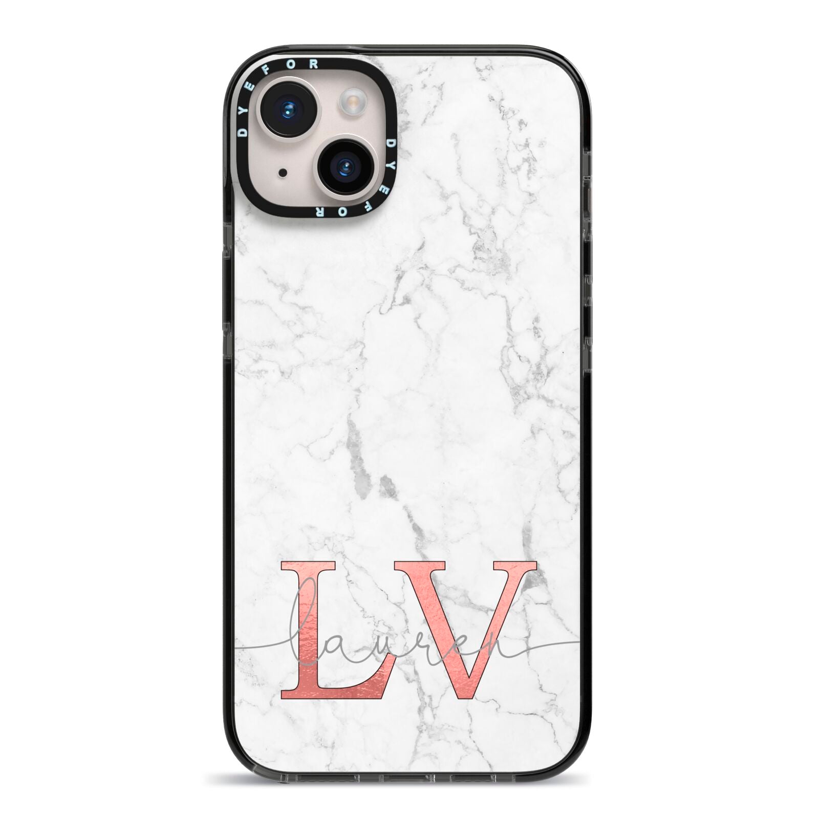 Personalised Marble with Rose Gold Initials iPhone 14 Plus Black Impact Case on Silver phone