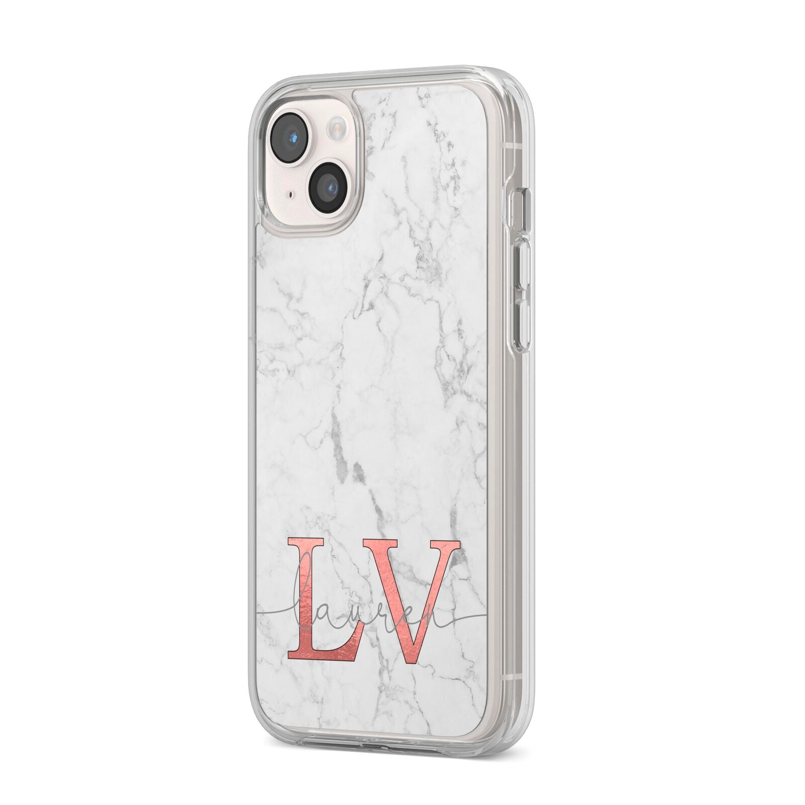 Personalised Marble with Rose Gold Initials iPhone 14 Plus Clear Tough Case Starlight Angled Image