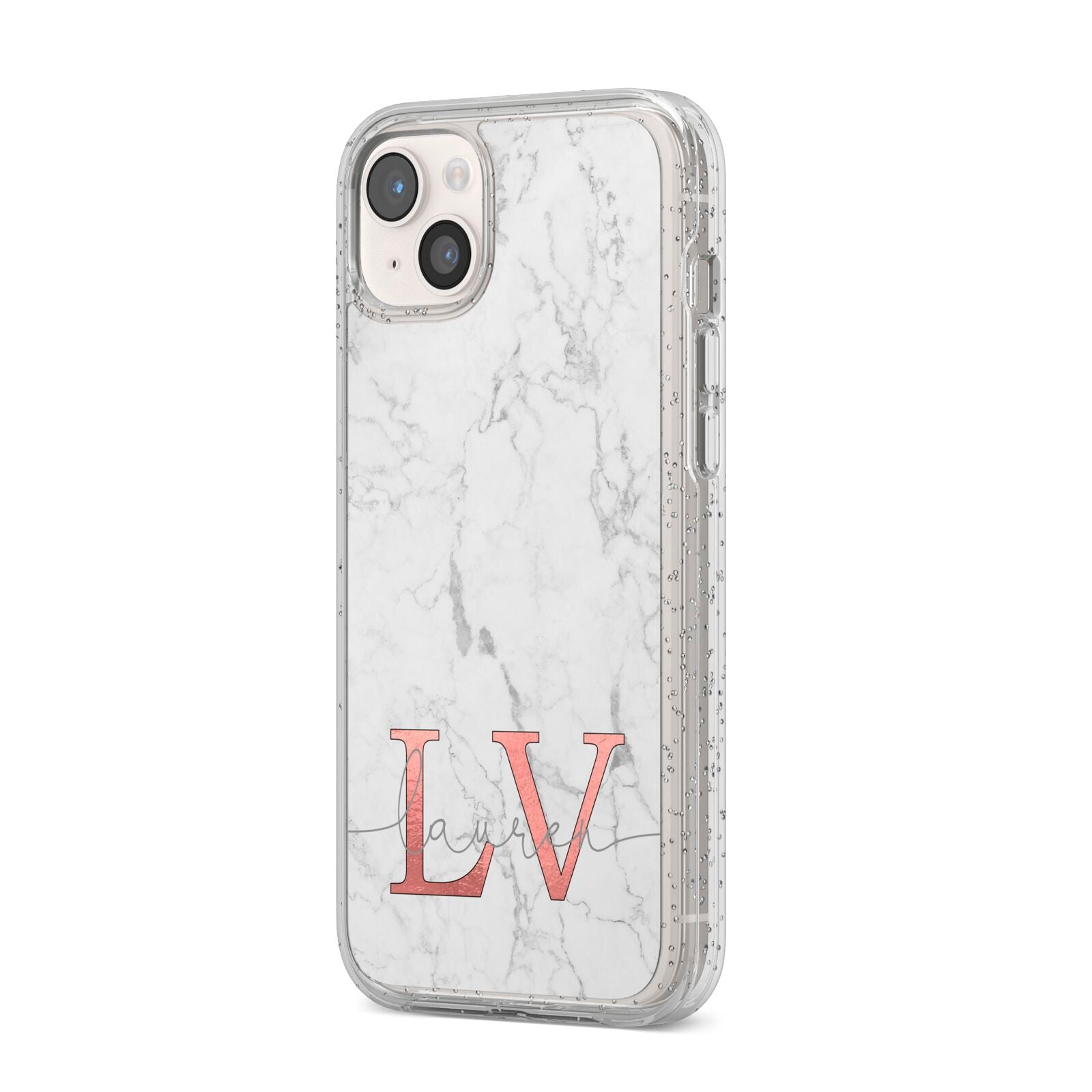 Personalised Marble with Rose Gold Initials iPhone 14 Plus Glitter Tough Case Starlight Angled Image