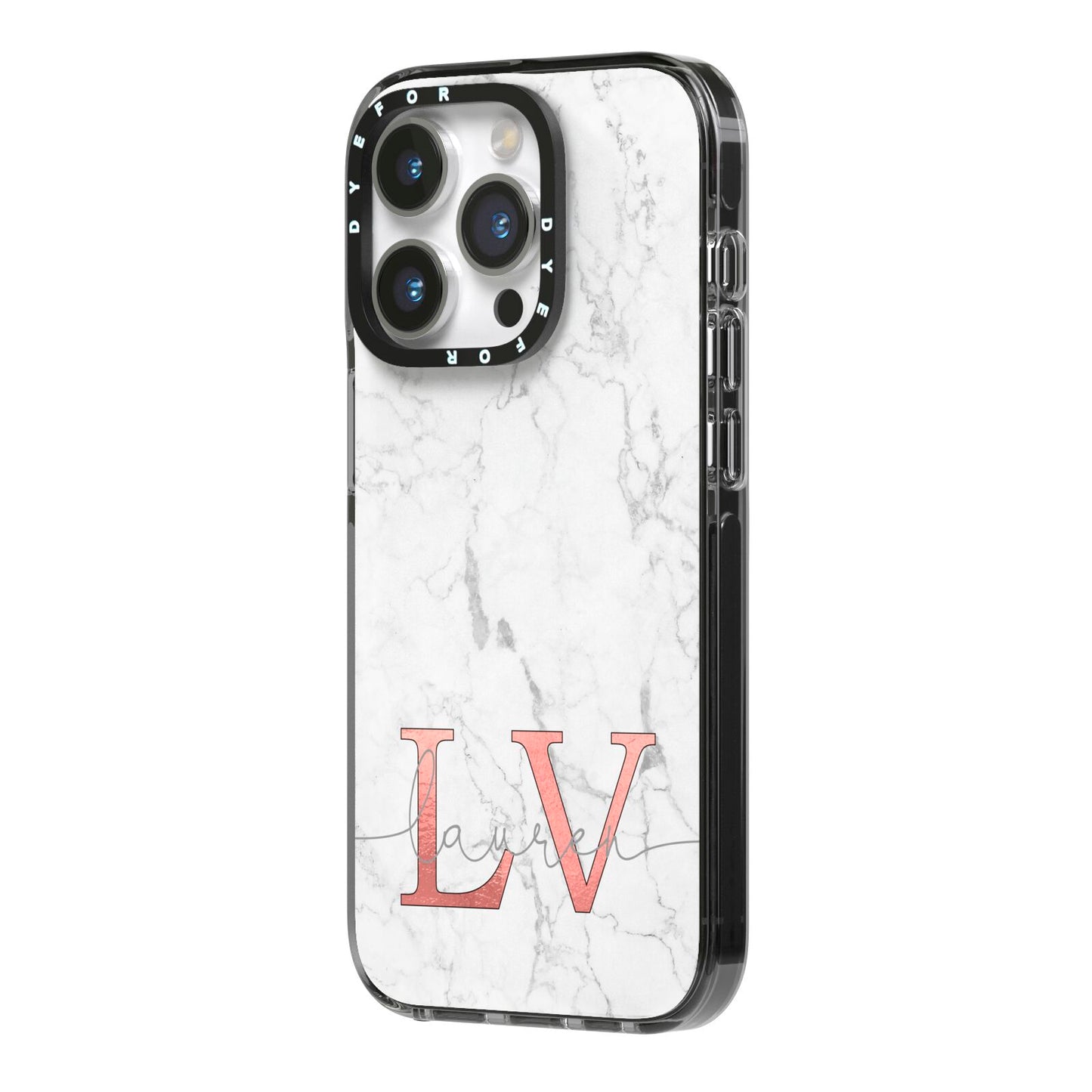 Personalised Marble with Rose Gold Initials iPhone 14 Pro Black Impact Case Side Angle on Silver phone