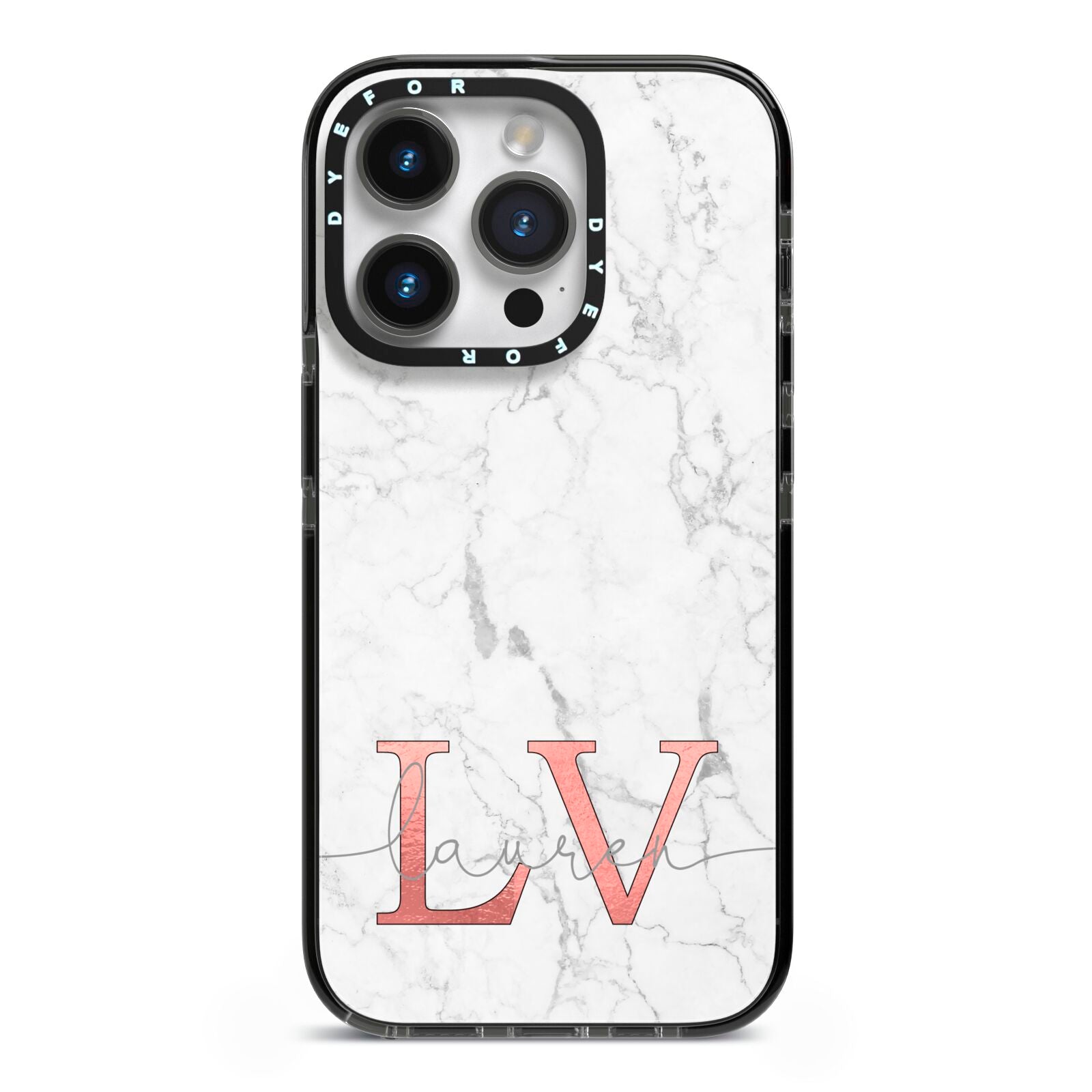 Personalised Marble with Rose Gold Initials iPhone 14 Pro Black Impact Case on Silver phone