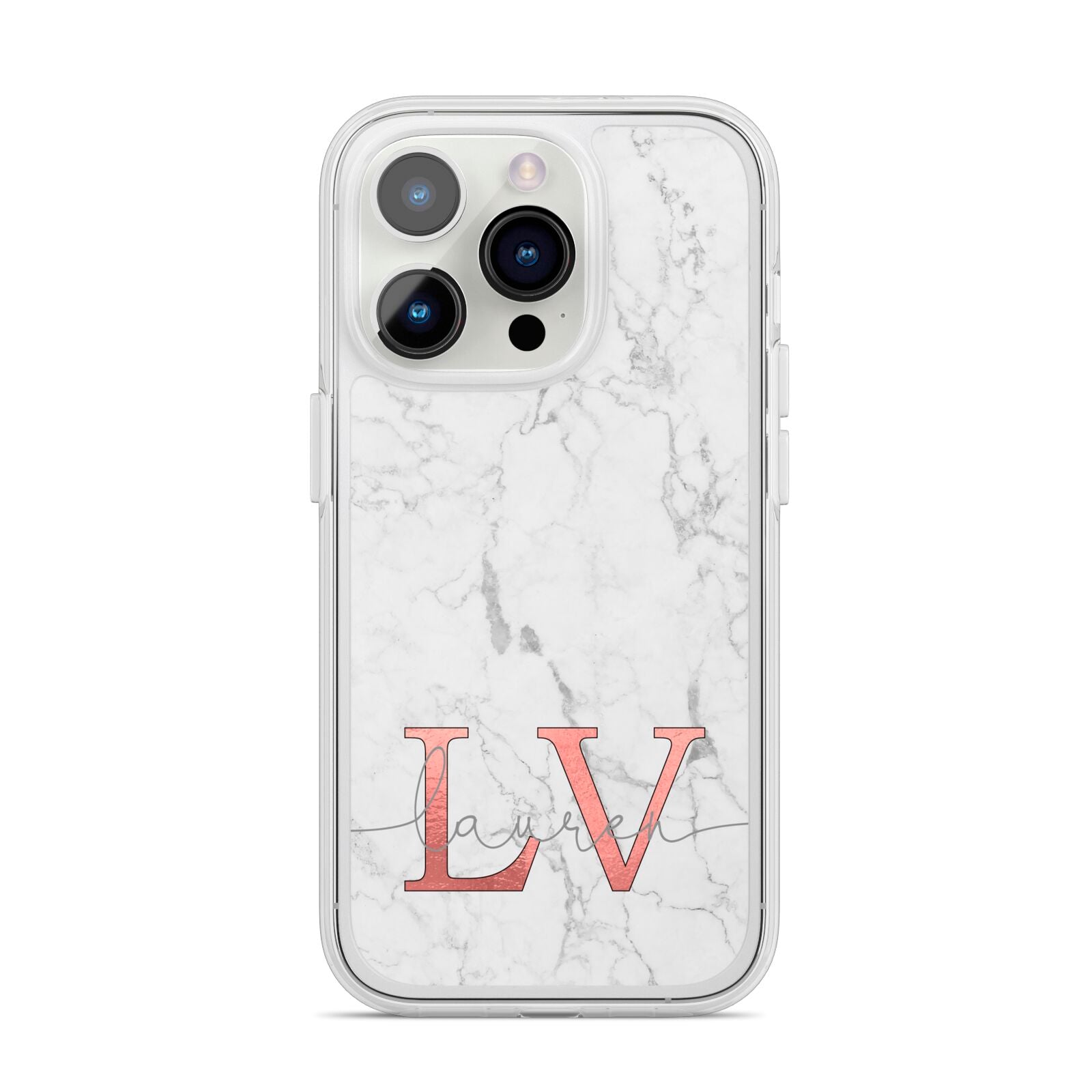 Personalised Marble with Rose Gold Initials iPhone 14 Pro Clear Tough Case Silver