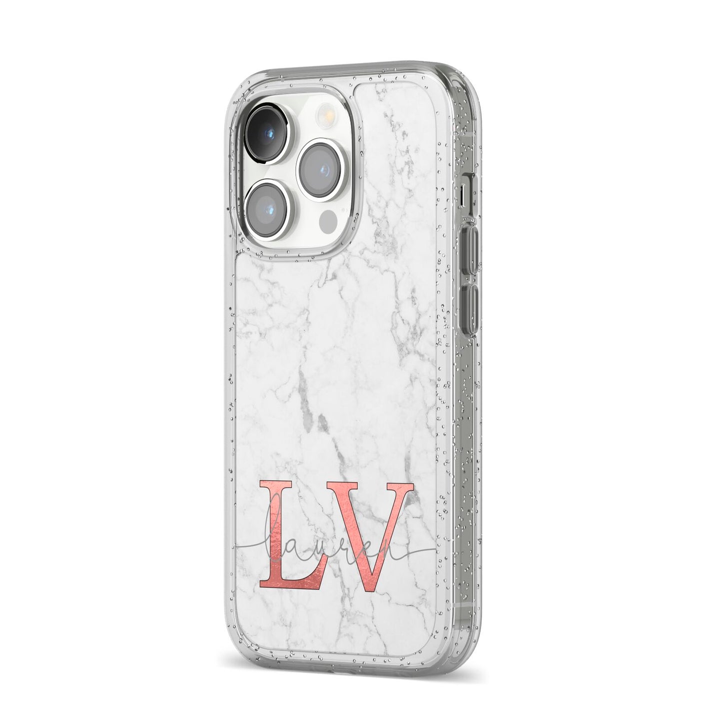 Personalised Marble with Rose Gold Initials iPhone 14 Pro Glitter Tough Case Silver Angled Image