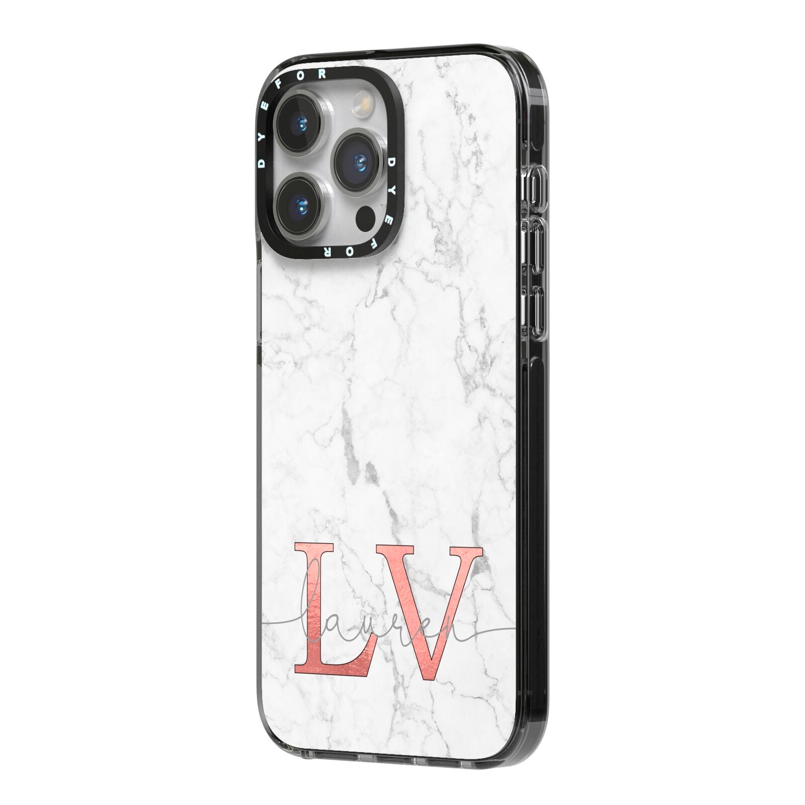Personalised Marble with Rose Gold Initials iPhone 14 Pro Max Black Impact Case Side Angle on Silver phone