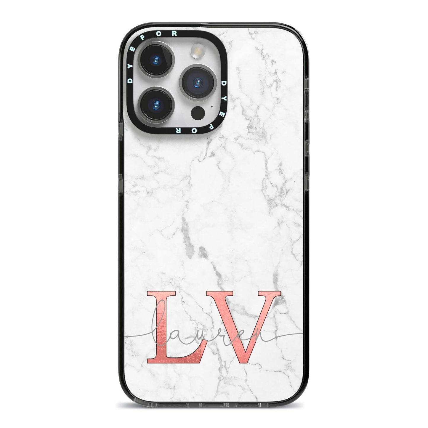 Personalised Marble with Rose Gold Initials iPhone 14 Pro Max Black Impact Case on Silver phone