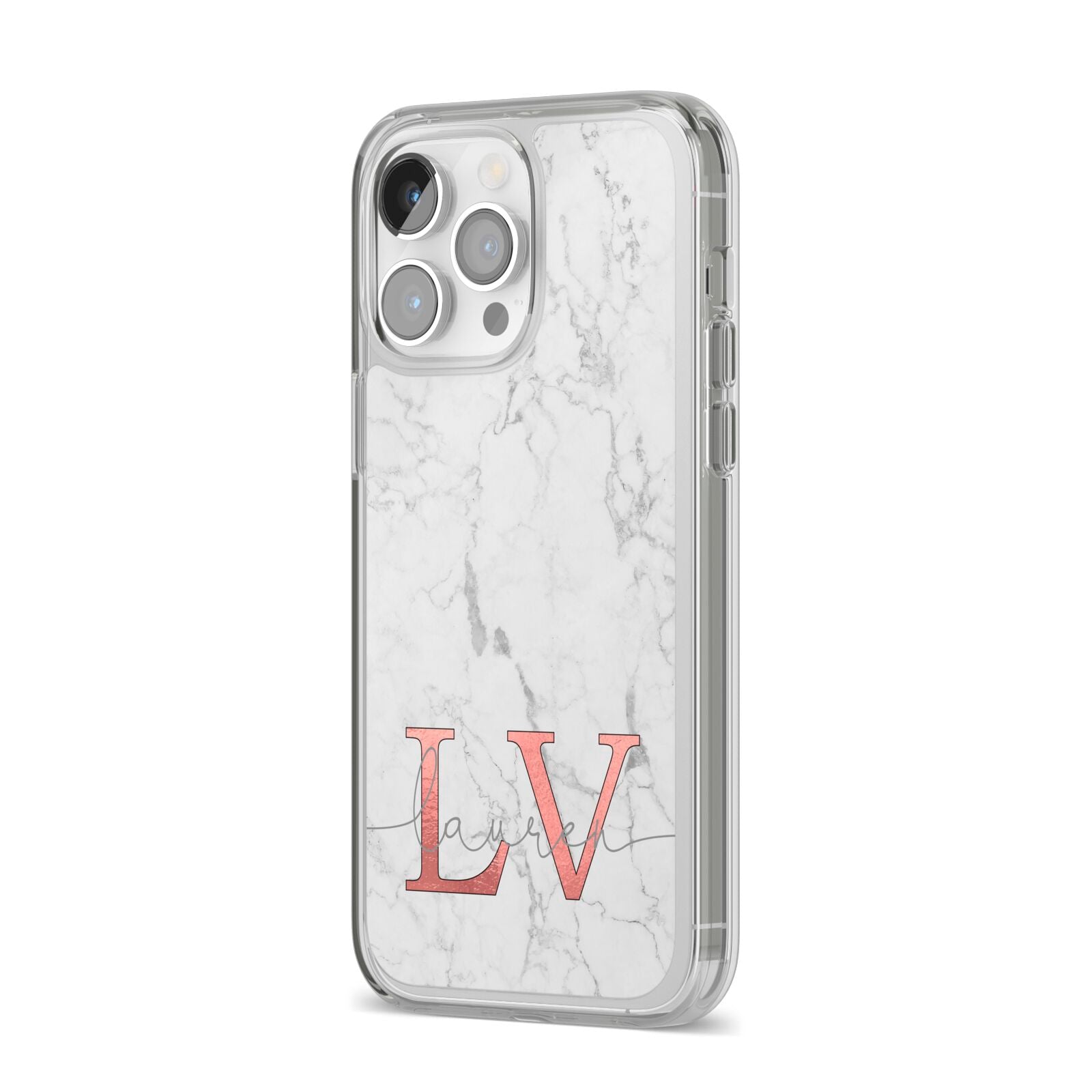 Personalised Marble with Rose Gold Initials iPhone 14 Pro Max Clear Tough Case Silver Angled Image