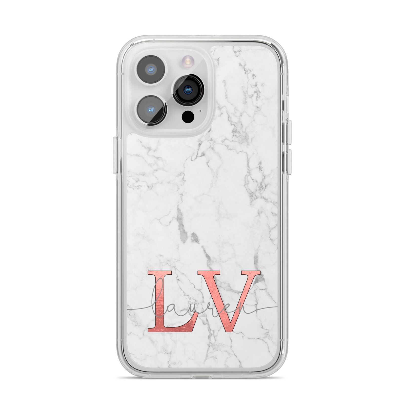 Personalised Marble with Rose Gold Initials iPhone 14 Pro Max Clear Tough Case Silver