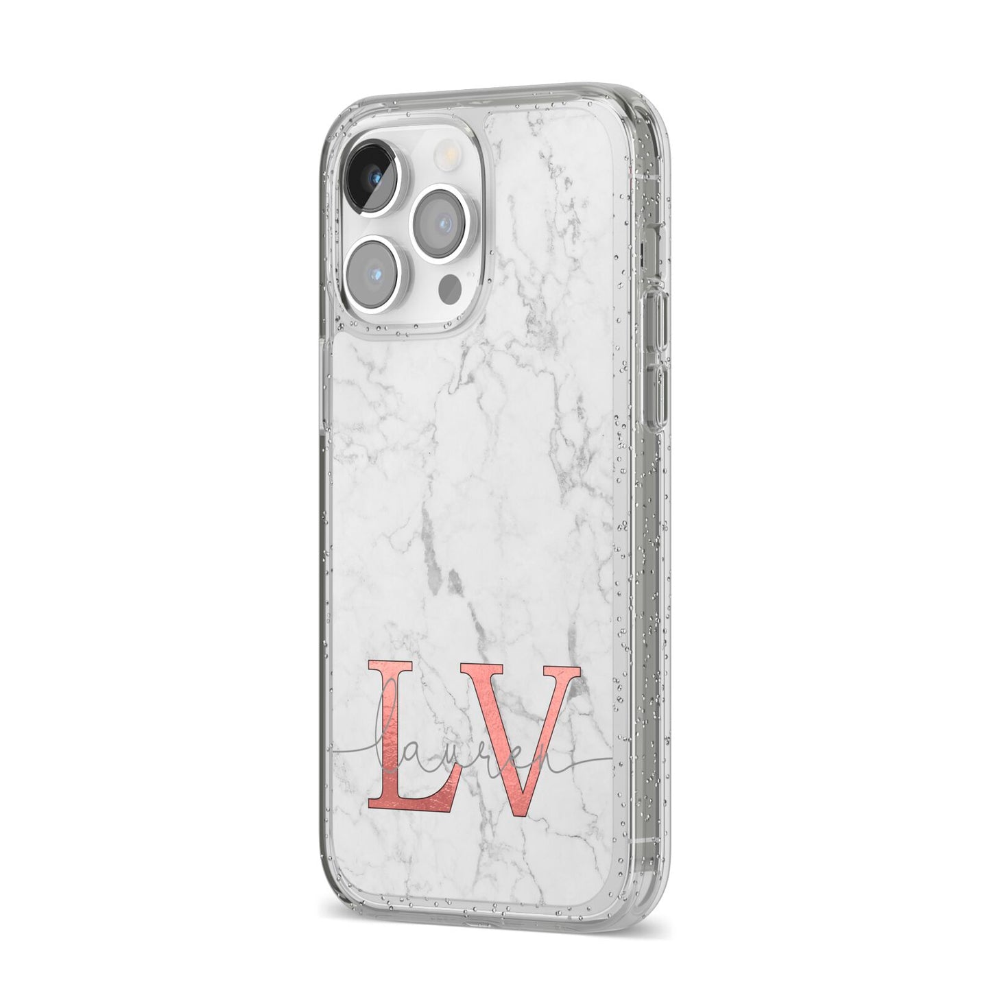 Personalised Marble with Rose Gold Initials iPhone 14 Pro Max Glitter Tough Case Silver Angled Image