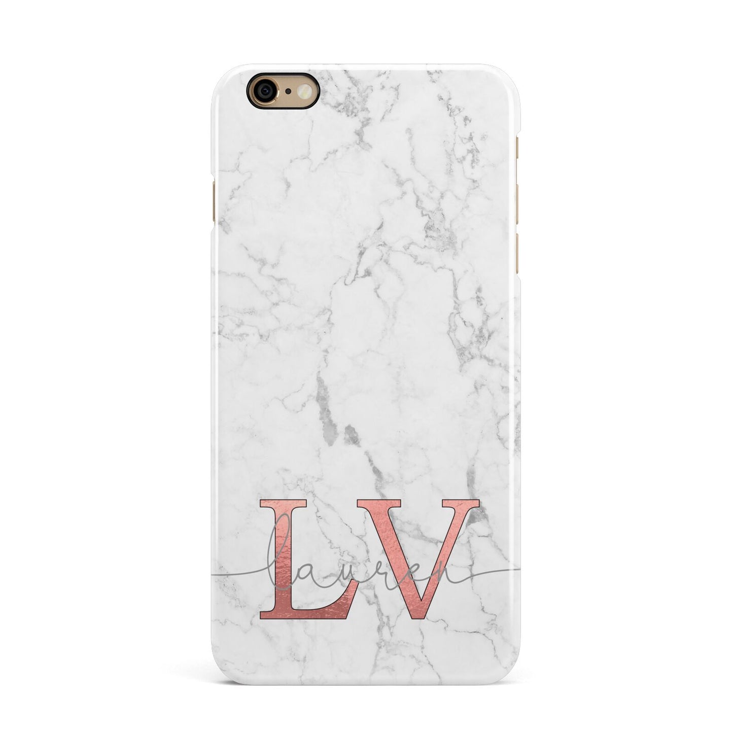 Personalised Marble with Rose Gold Initials iPhone 6 Plus 3D Snap Case on Gold Phone