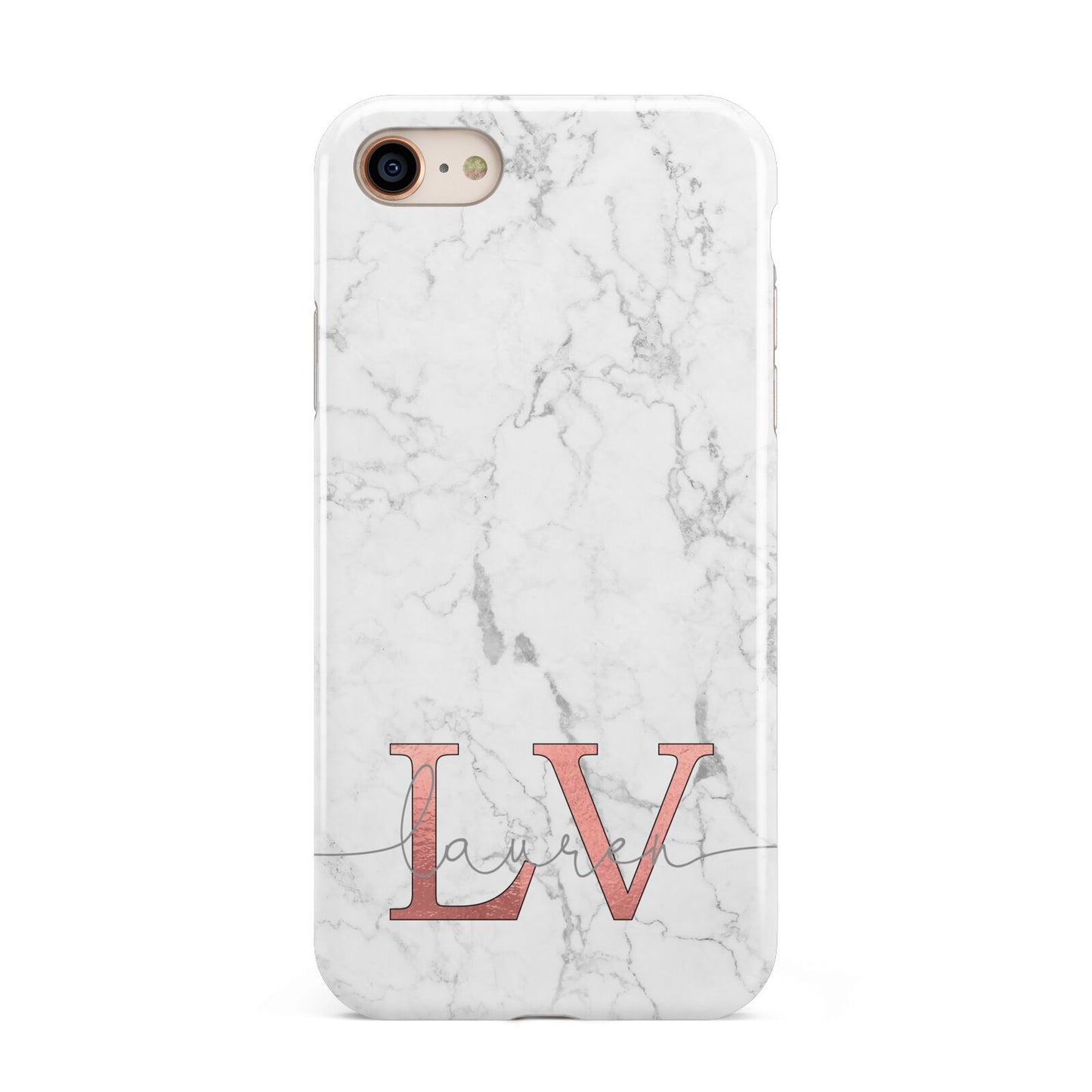 Personalised Marble with Rose Gold Initials iPhone 8 3D Tough Case on Gold Phone