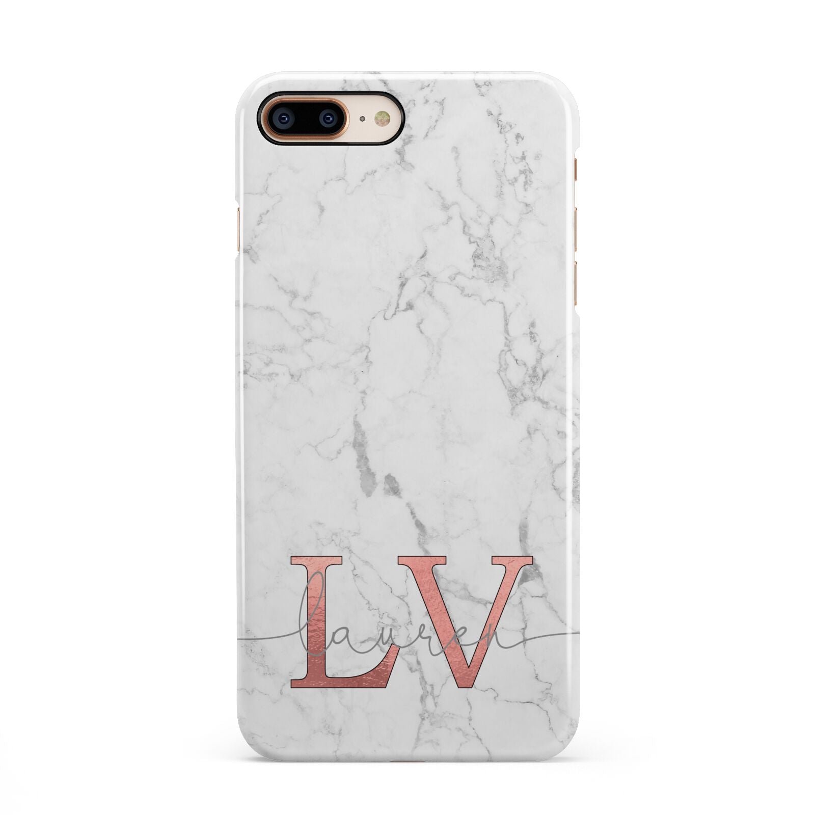 Personalised Marble with Rose Gold Initials iPhone 8 Plus 3D Snap Case on Gold Phone