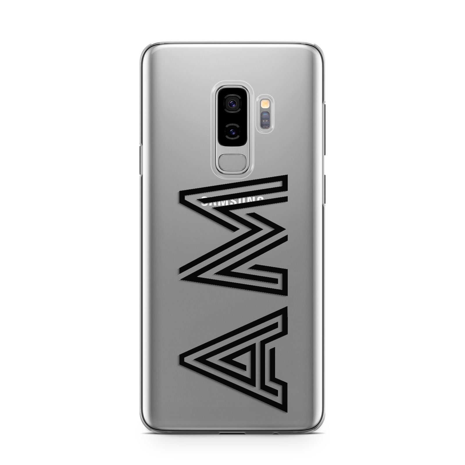 Personalised Maze Initials Clear Custom Black Samsung Galaxy S9 Plus Case on Silver phone
