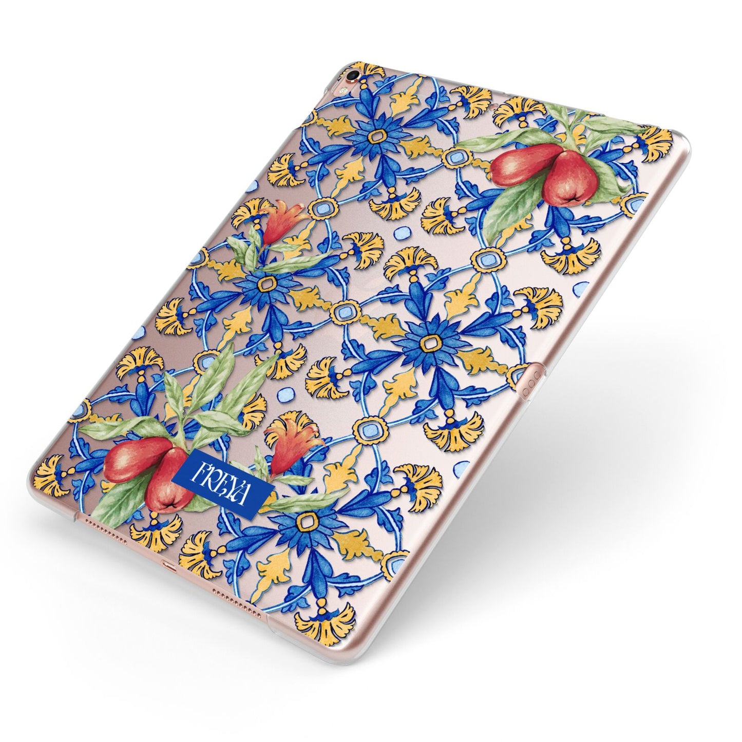 Personalised Mediterranean Fruit and Tiles Apple iPad Case on Rose Gold iPad Side View