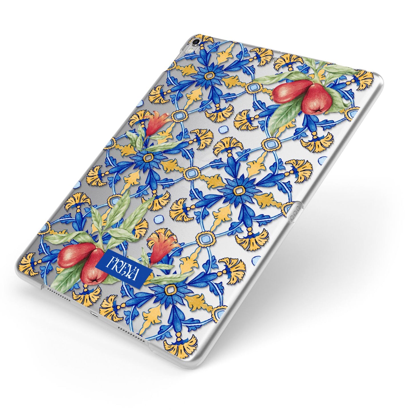 Personalised Mediterranean Fruit and Tiles Apple iPad Case on Silver iPad Side View