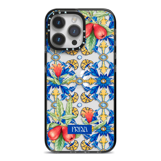 Personalised Mediterranean Fruit and Tiles iPhone 14 Pro Max Black Impact Case on Silver phone