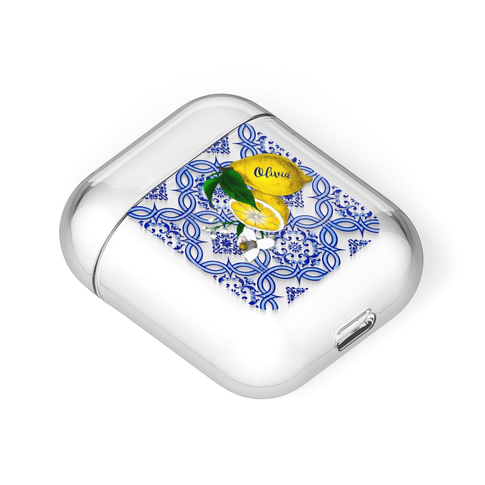 Personalised Mediterranean Tiles and Lemons AirPods Case Laid Flat