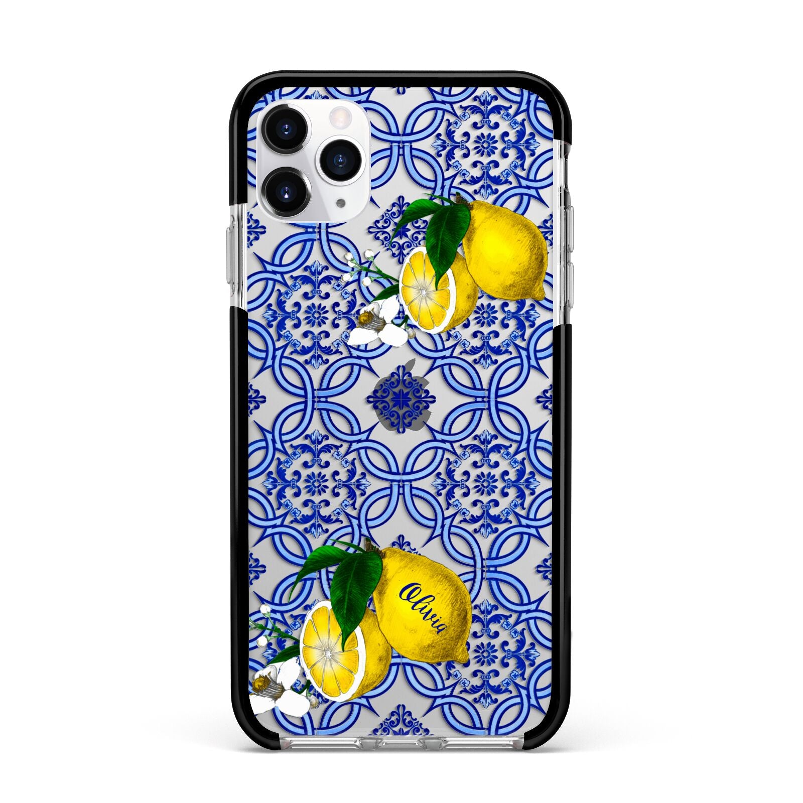 Personalised Mediterranean Tiles and Lemons Apple iPhone 11 Pro Max in Silver with Black Impact Case