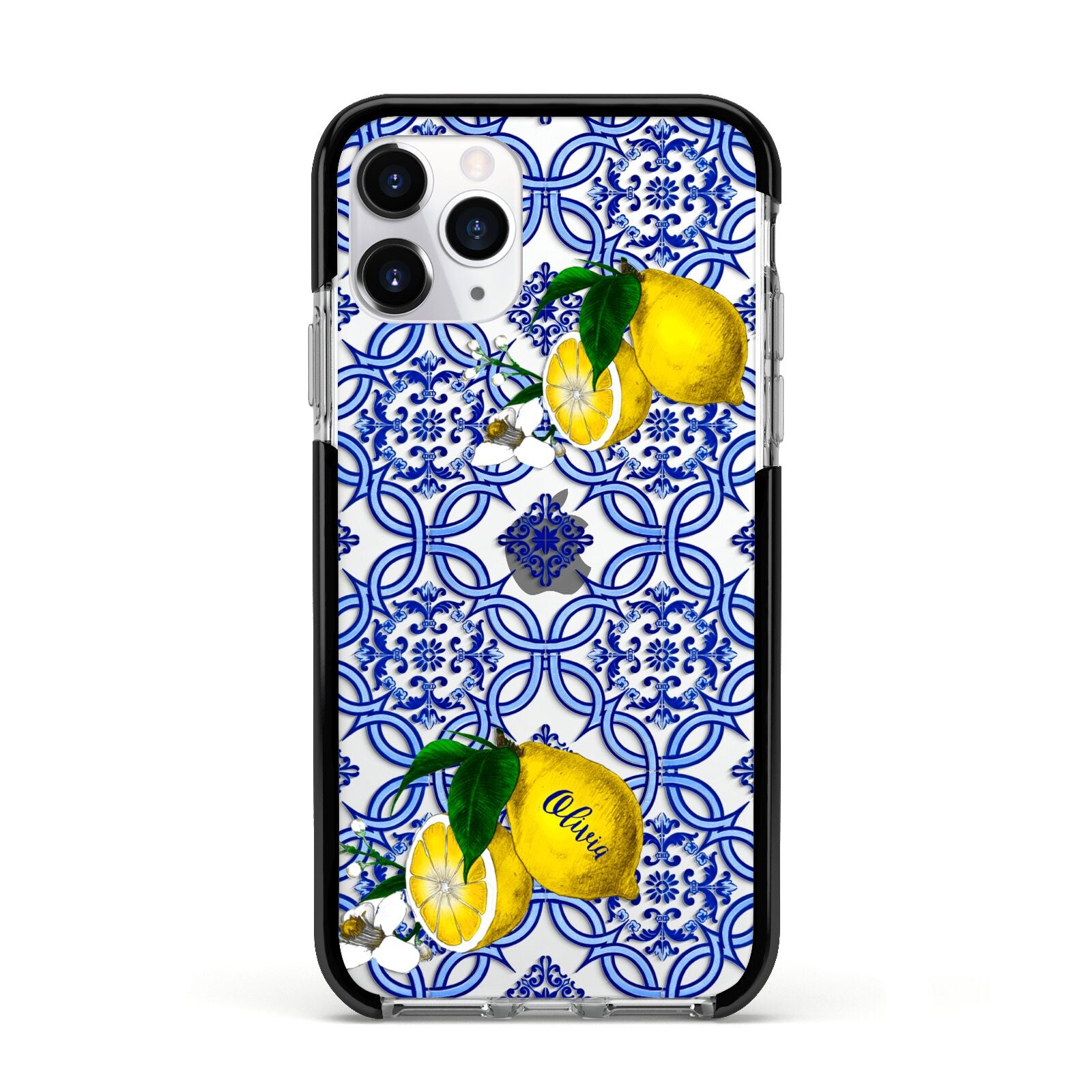 Personalised Mediterranean Tiles and Lemons Apple iPhone 11 Pro in Silver with Black Impact Case