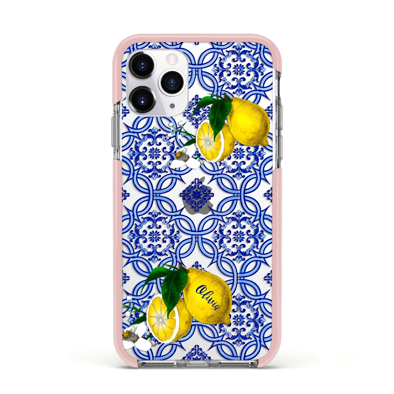 Personalised Mediterranean Tiles and Lemons Apple iPhone 11 Pro in Silver with Pink Impact Case