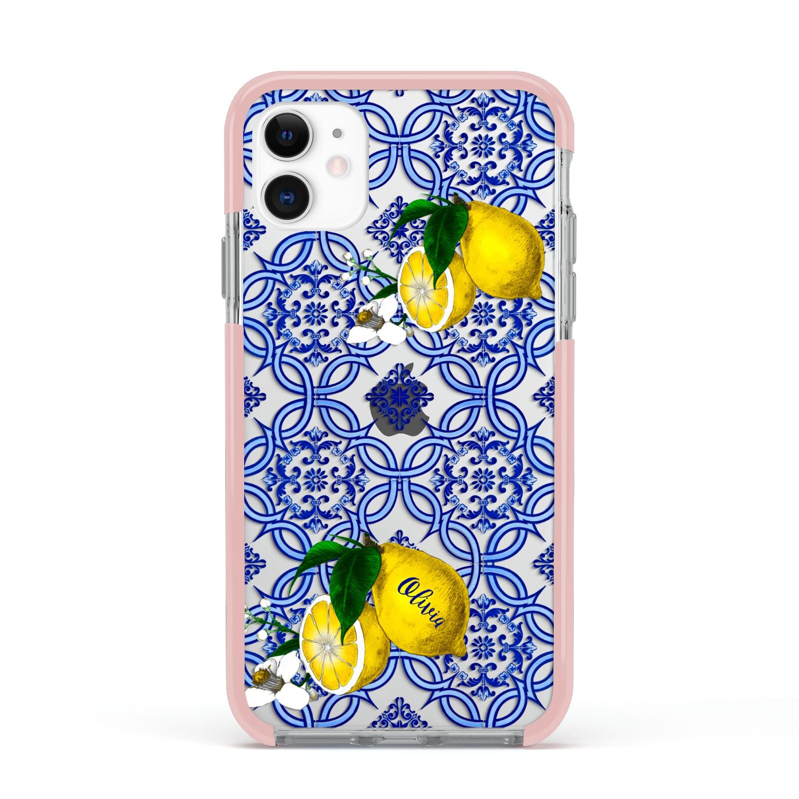 Personalised Mediterranean Tiles and Lemons Apple iPhone 11 in White with Pink Impact Case