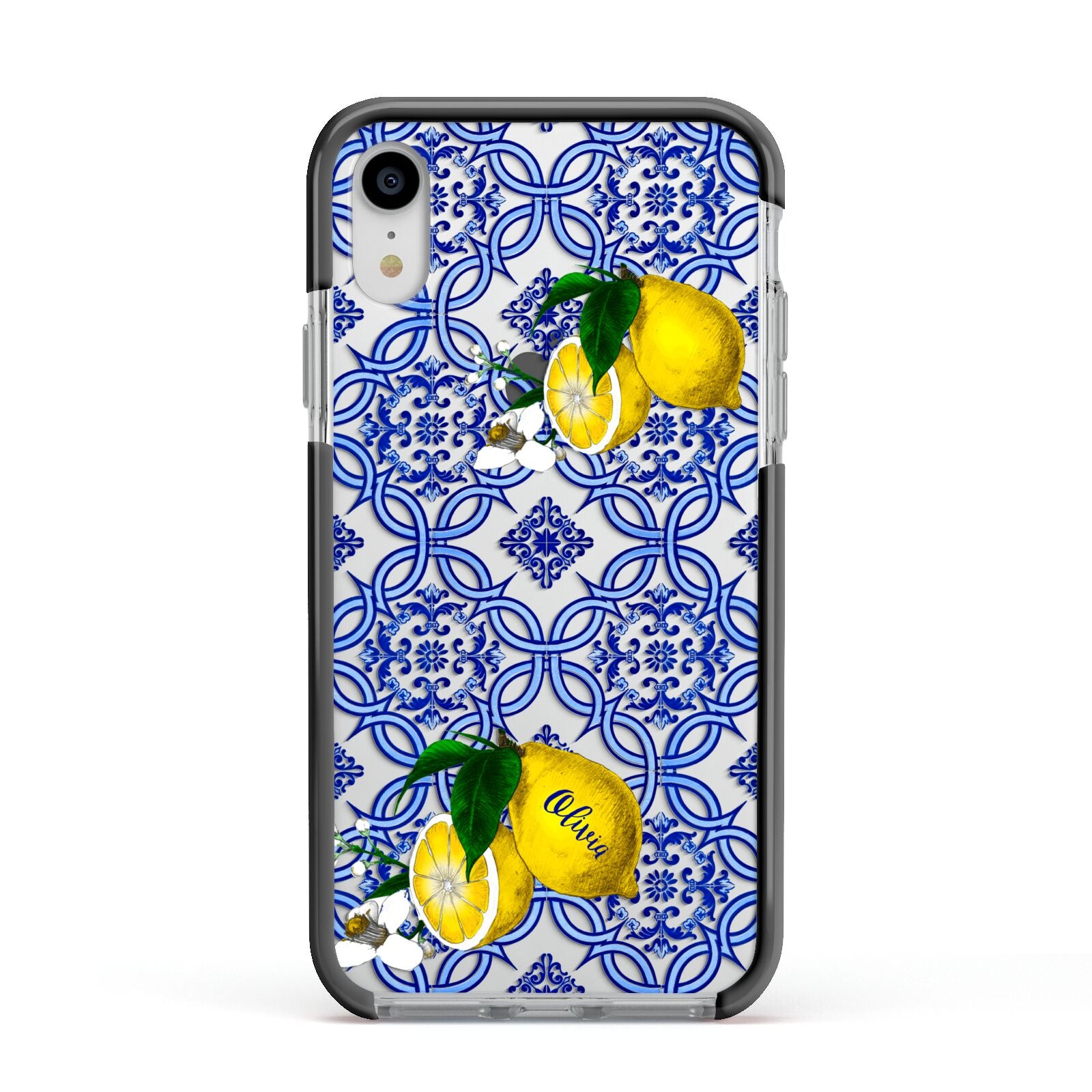 Personalised Mediterranean Tiles and Lemons Apple iPhone XR Impact Case Black Edge on Silver Phone