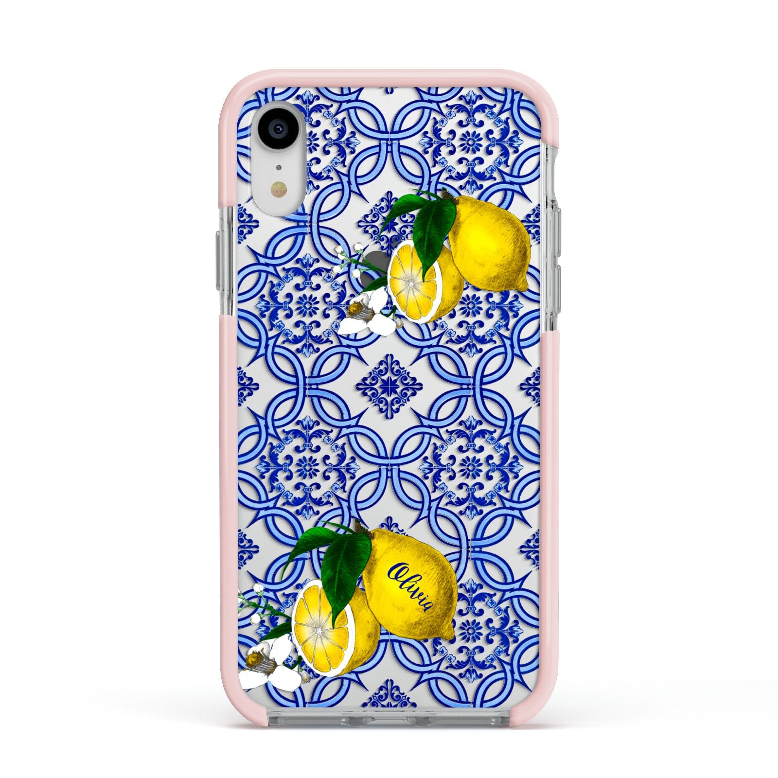 Personalised Mediterranean Tiles and Lemons Apple iPhone XR Impact Case Pink Edge on Silver Phone