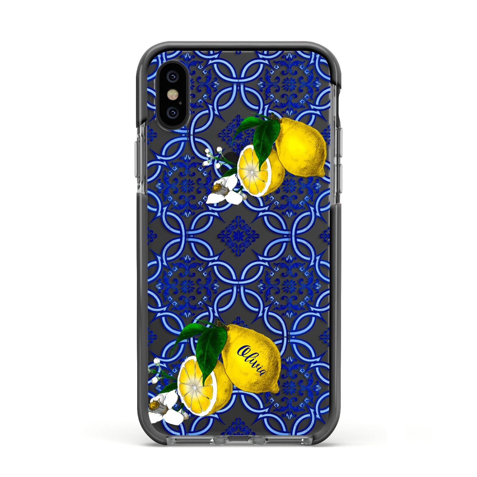 Personalised Mediterranean Tiles and Lemons Apple iPhone Xs Impact Case Black Edge on Black Phone