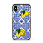 Personalised Mediterranean Tiles and Lemons Apple iPhone Xs Impact Case Black Edge on Silver Phone