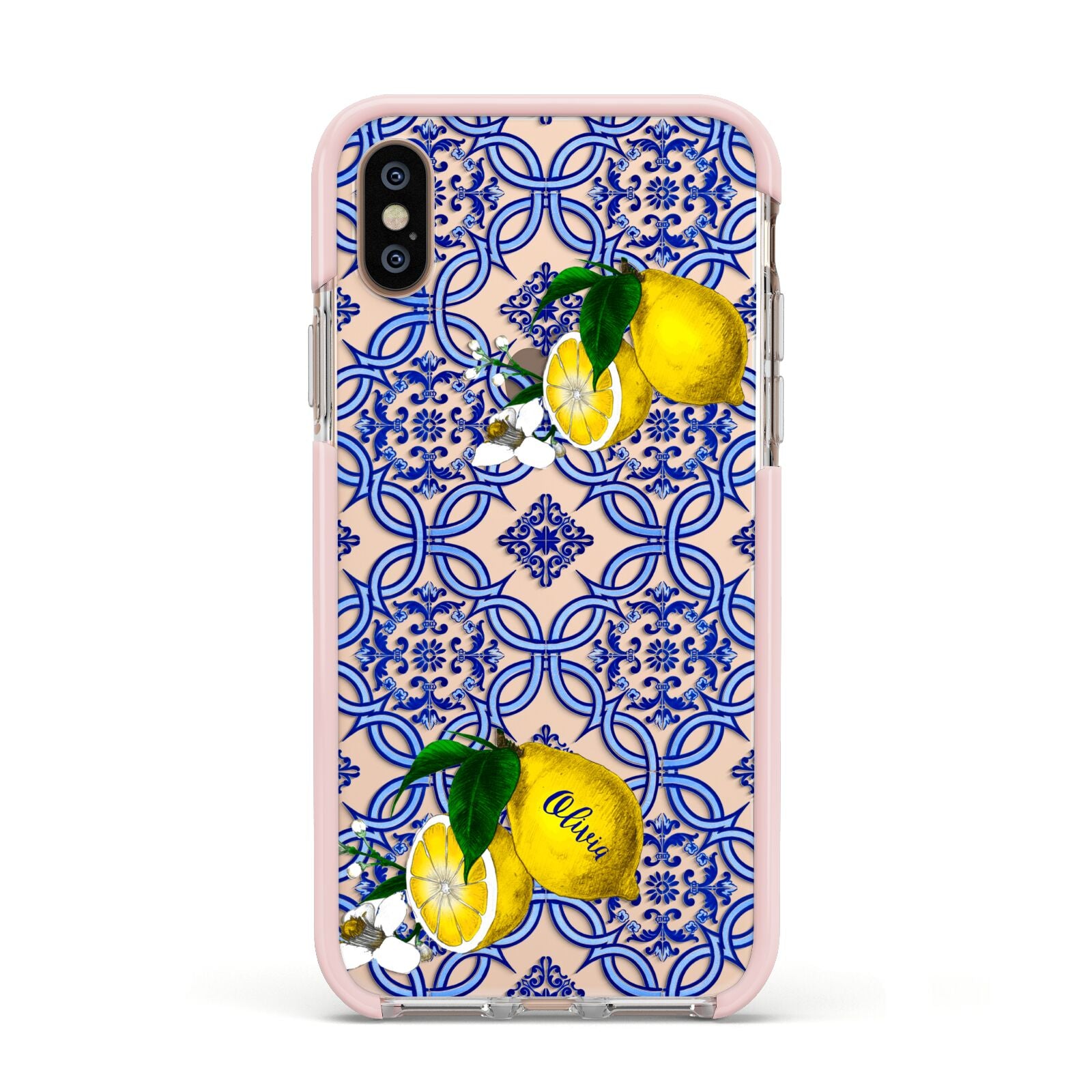 Personalised Mediterranean Tiles and Lemons Apple iPhone Xs Impact Case Pink Edge on Gold Phone