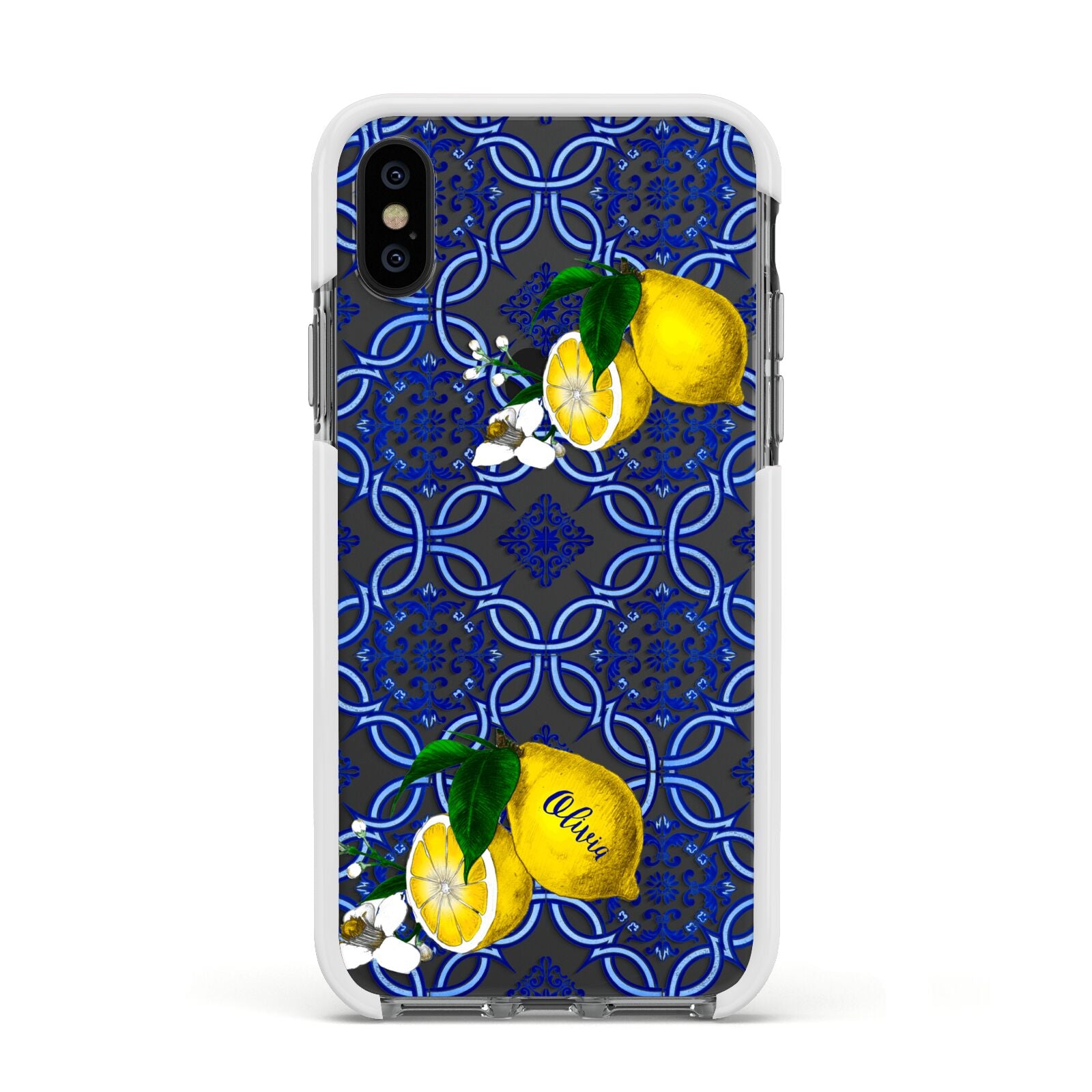 Personalised Mediterranean Tiles and Lemons Apple iPhone Xs Impact Case White Edge on Black Phone