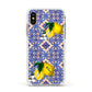 Personalised Mediterranean Tiles and Lemons Apple iPhone Xs Impact Case White Edge on Gold Phone